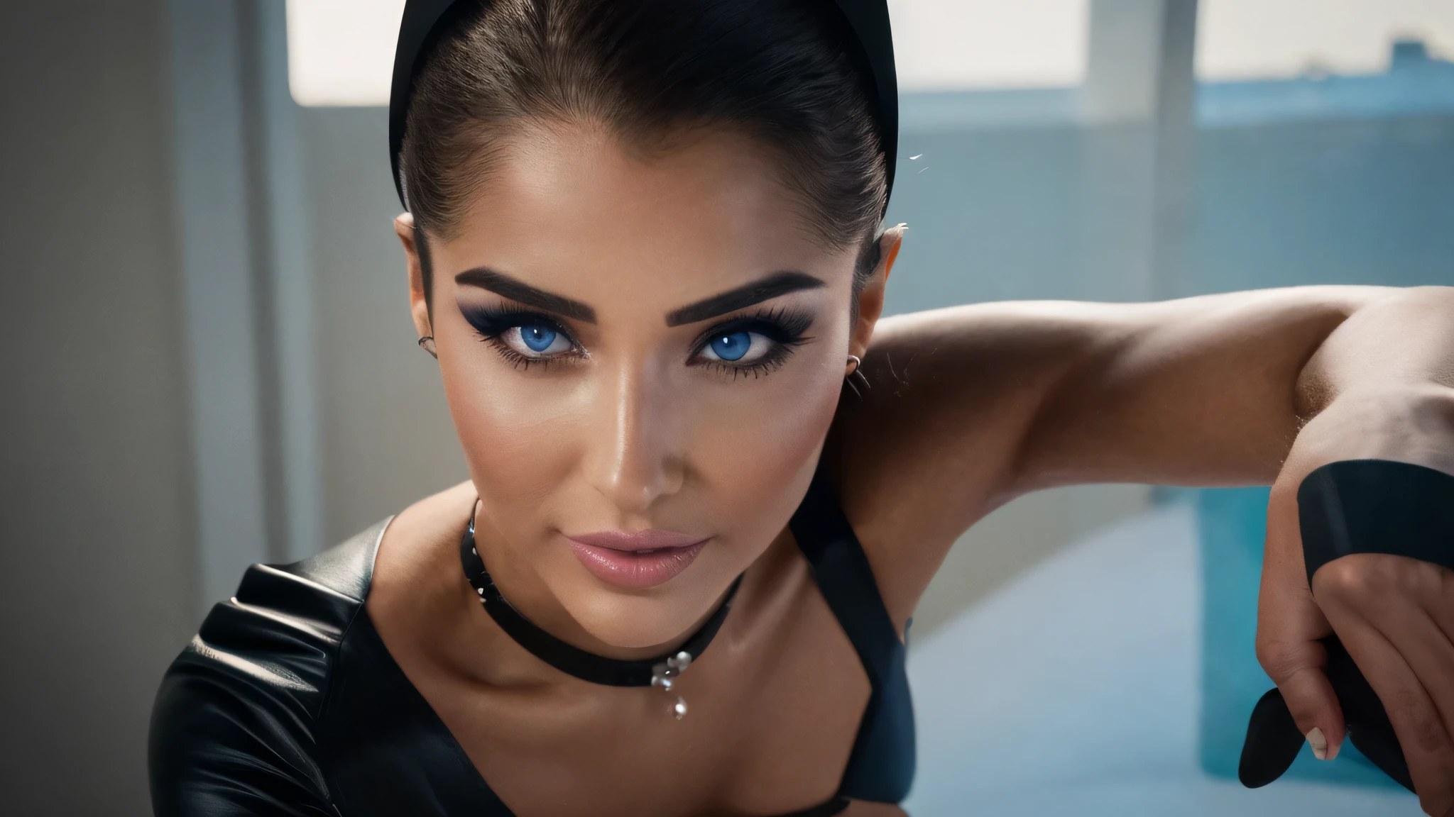 Photo of a full body woman with an athletic build., Arte digital ultrarrealista, olivia culpo, ojos azules, Nariz delicada, Rostros y expresiones realistas, Muy, Muy beautiful!, Sonrisa detallada, You are around 30 years old, aparece en instagram, Maquillaje egipcio , beautiful iranian woman, tiro del estudio, mirada profunda, leve sonrisa, vestida con un cosplay de Catwoman de Art Fitzpatrick, High Angel, Muy realistic photorealistic details, Hyperrealistic images, a todo color, real live camera, 4K-UHD, renderizado 3D realista rojo, la cubierta superior, extremadamente realista, 4k, as if it were a photograph.