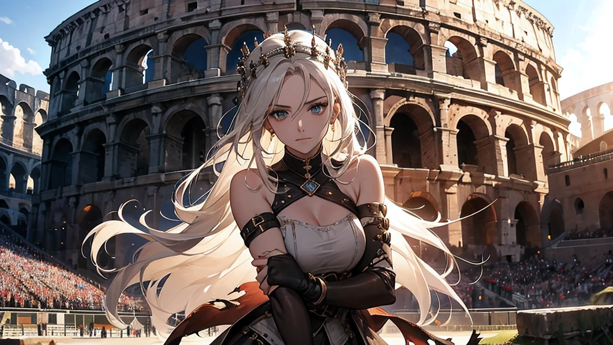 Get caught in intense moments at the Greek Colosseum. When she swings her fist, The luster of her skin and her detailed features stand out, torn clothes, The background is vibrant with strong sunlight, Showcase a Colosseum packed with spectators. a single woman was fastened to the top. She was a beautiful woman. Purposely made to wear torn clothes, in colloseum, medieval times
