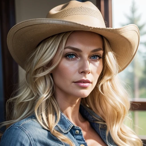 (Masterpiece+realistic), beautiful mature woman, stunning mature woman, gorgeous mature woman, old western cowboy universe, very beautiful blonde woman, very beautiful long curly wavy blonde hair, very feminine gorgeous woman with blue eyes, stunning face, most beautiful woman in the world