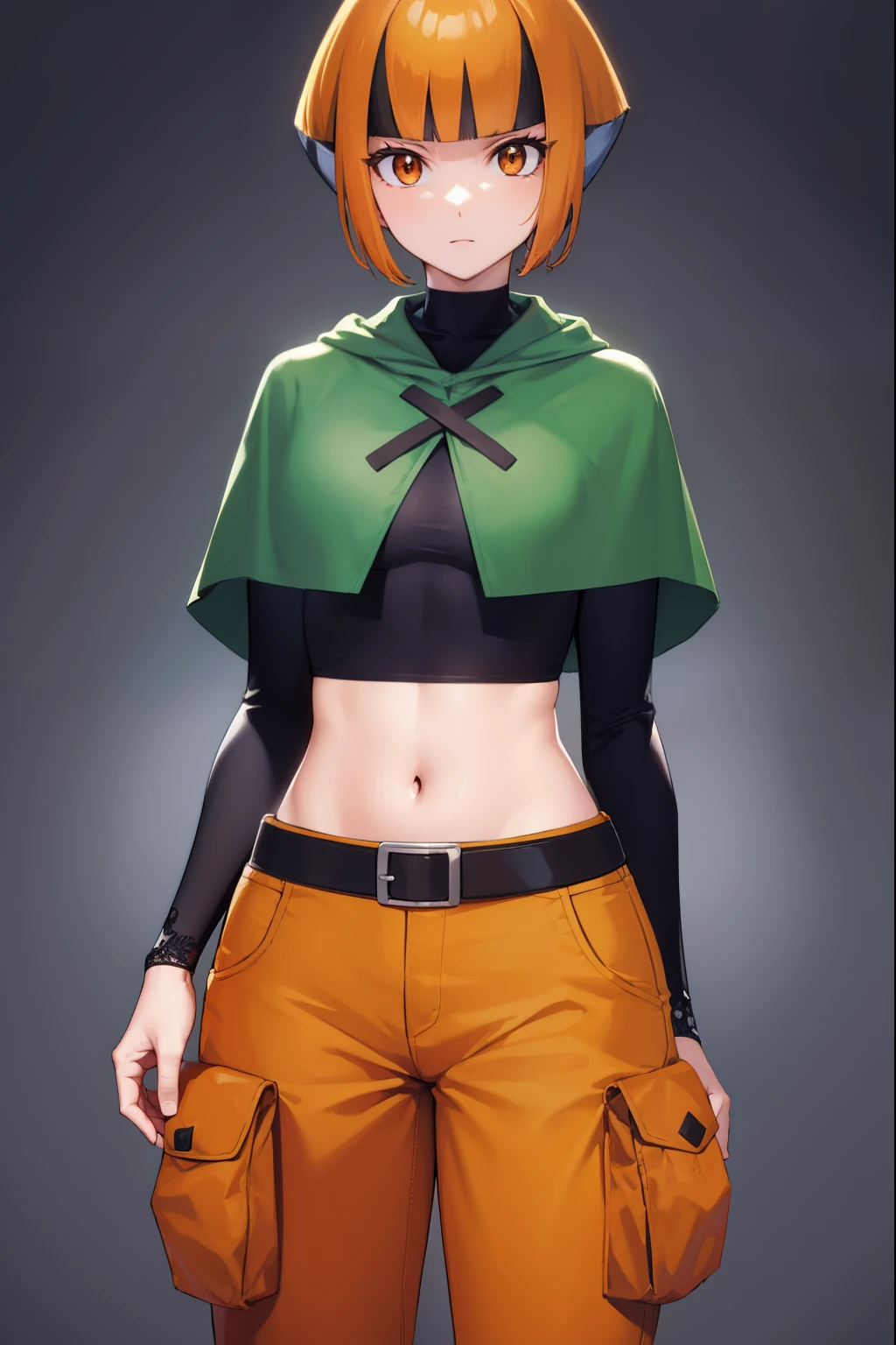 pokemongardenia, pokemongardenia, black hair, bob cut, multicolored hair, (orange eyes:1.5), orange hair, petals, short hair, two-tone hair,
BREAK belt, belt buckle, buckle, capelet, cargo shorts, midriff, navel, shorts, undershirt, long sleeves, green capelet, black undershirt,
BREAK looking at viewer, full body, (cowboy shot:1.5),
BREAK indoors,
BREAK (masterpiece:1.2), best quality, high resolution, unity 8k wallpaper, (illustration:0.8), (beautiful detailed eyes:1.6), extremely detailed face, perfect lighting, extremely detailed CG, (perfect hands, perfect anatomy),