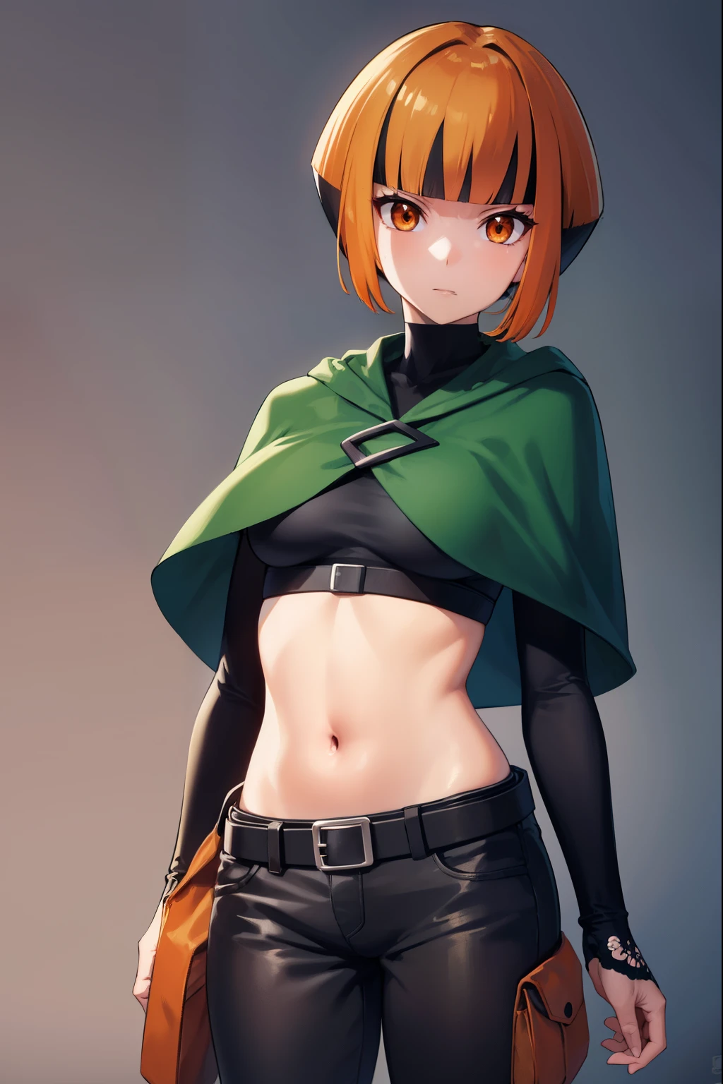 pokemongardenia, pokemongardenia, black hair, bob cut, multicolored hair, (orange eyes:1.5), orange hair, petals, short hair, two-tone hair,
BREAK belt, belt buckle, buckle, capelet, cargo shorts, midriff, navel, shorts, undershirt, long sleeves, green capelet, black undershirt,
BREAK looking at viewer, full body, (cowboy shot:1.5),
BREAK indoors,
BREAK (masterpiece:1.2), best quality, high resolution, unity 8k wallpaper, (illustration:0.8), (beautiful detailed eyes:1.6), extremely detailed face, perfect lighting, extremely detailed CG, (perfect hands, perfect anatomy),