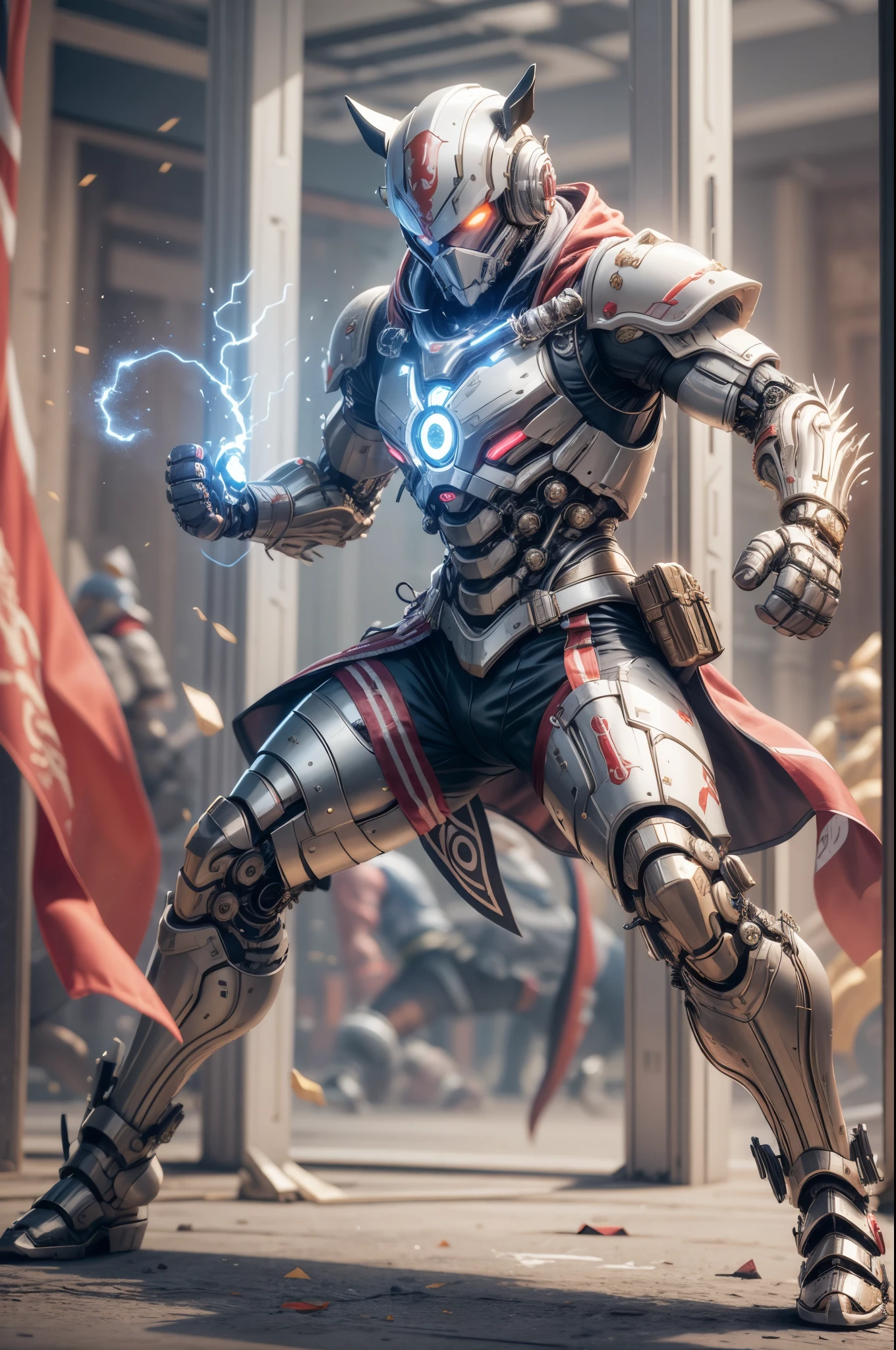 biomechanical soldier，futuristic warrior，cybernetic cyborg，Mechanical prosthetics，Futurism者，lighted hooded jacket，Unreal Engine style rendering，ritual mask，silver and blue，Mechanical Design，close up，cobra，AI，machine，Metal，electric wire，technology，Futurism，Highly detailed，extremely detailed，stand，full body shot，center，3D rendering，art station，octane rendering，8k，,