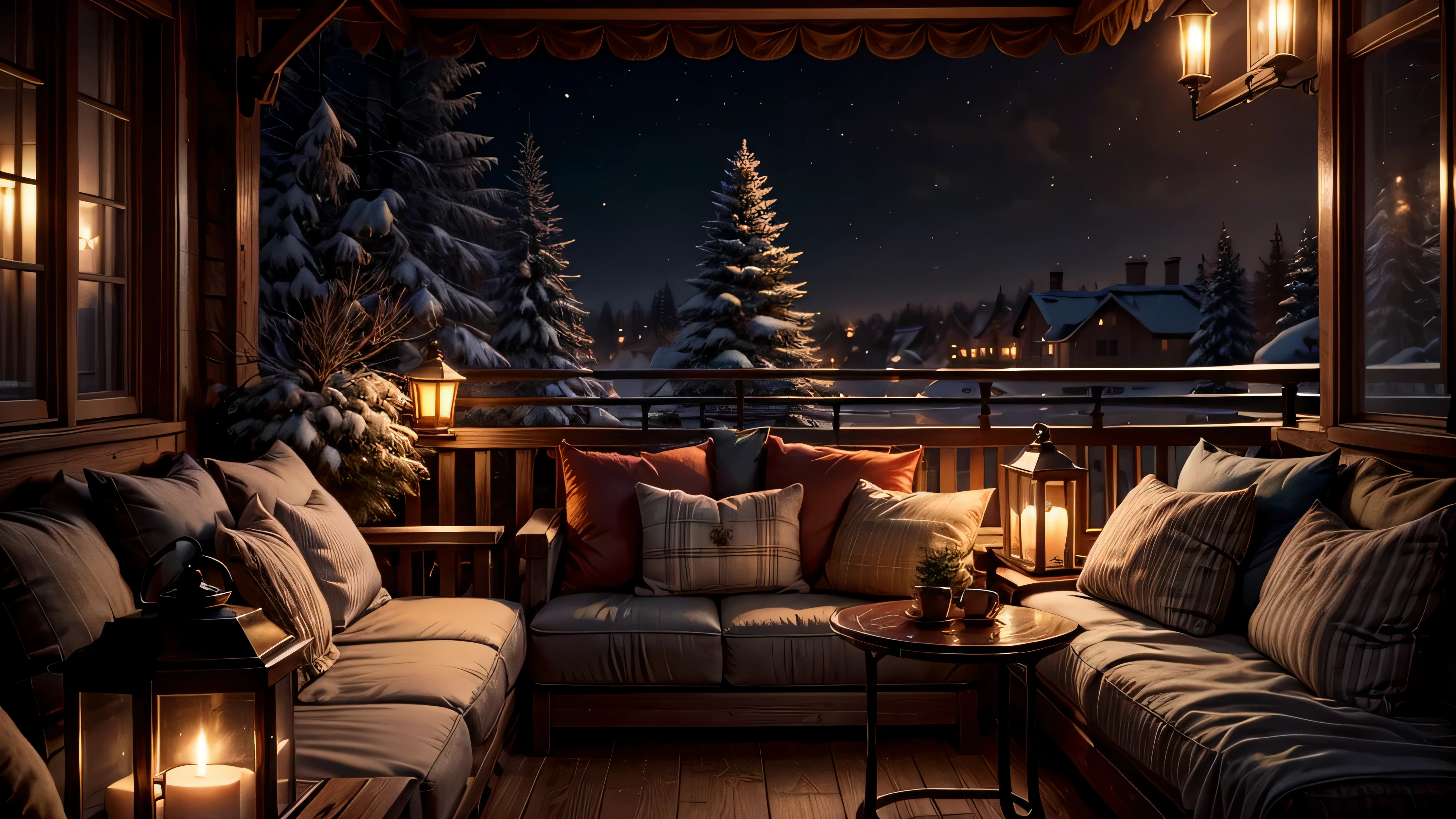 balcony coffee shop with a fireplace and sofa chairs, cozy place, warm beautiful scene, cozy atmospheric, cozy environment, cozy setting, winter setting, cosy enchanted scene, very realistic, cozy atmosphere, cozy and peaceful atmosphere, cozy and calm, beautiful detailed scene, winter time, very very realistic, ✨🕌🌙, cozy wallpaper, unreal engine ; romantic theme
