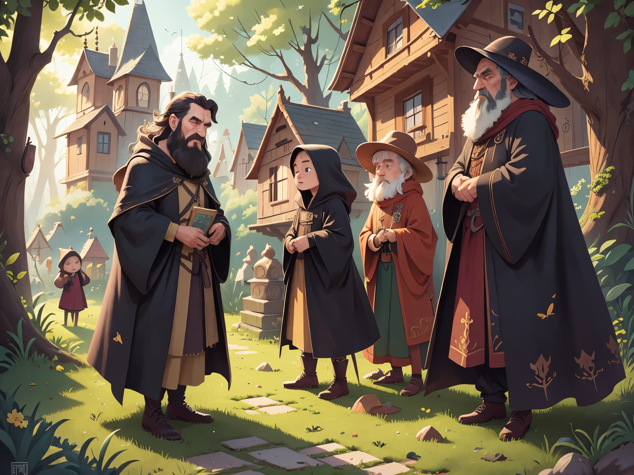 [[[Ultra detailed, best quality, beautiful, 4K, detailed faces, medieval story]]], serious, a group of tall men in black robes, serious and majestic mysterious people, standing in front of a wooden house, colorful Colorful children's book illustrations
