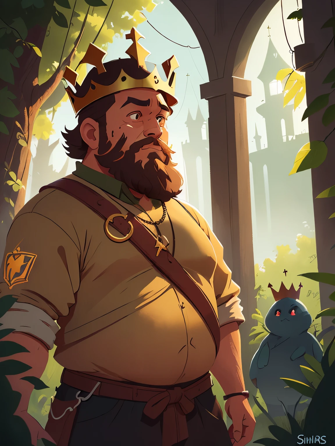 (The silhouette of a crowned king, with heavy colored short hair, beard, and a chubby body:1.5), with brown hair,High definition, detailed, ultra detailed,Medieval Europe, medieval clothing, watercolor, medieval style,