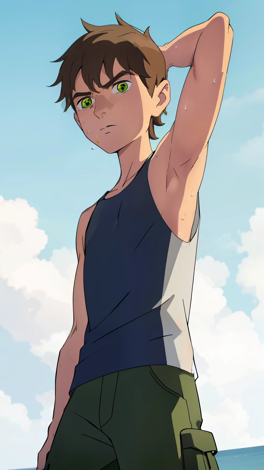 Highres, Masterpiece, Best quality at best,Best Quality, 1boy, bentennyson, green eyes, cargo pants, Tank top, Seen from the side, (Showing armpit:1.3), Sweat, the day, summer