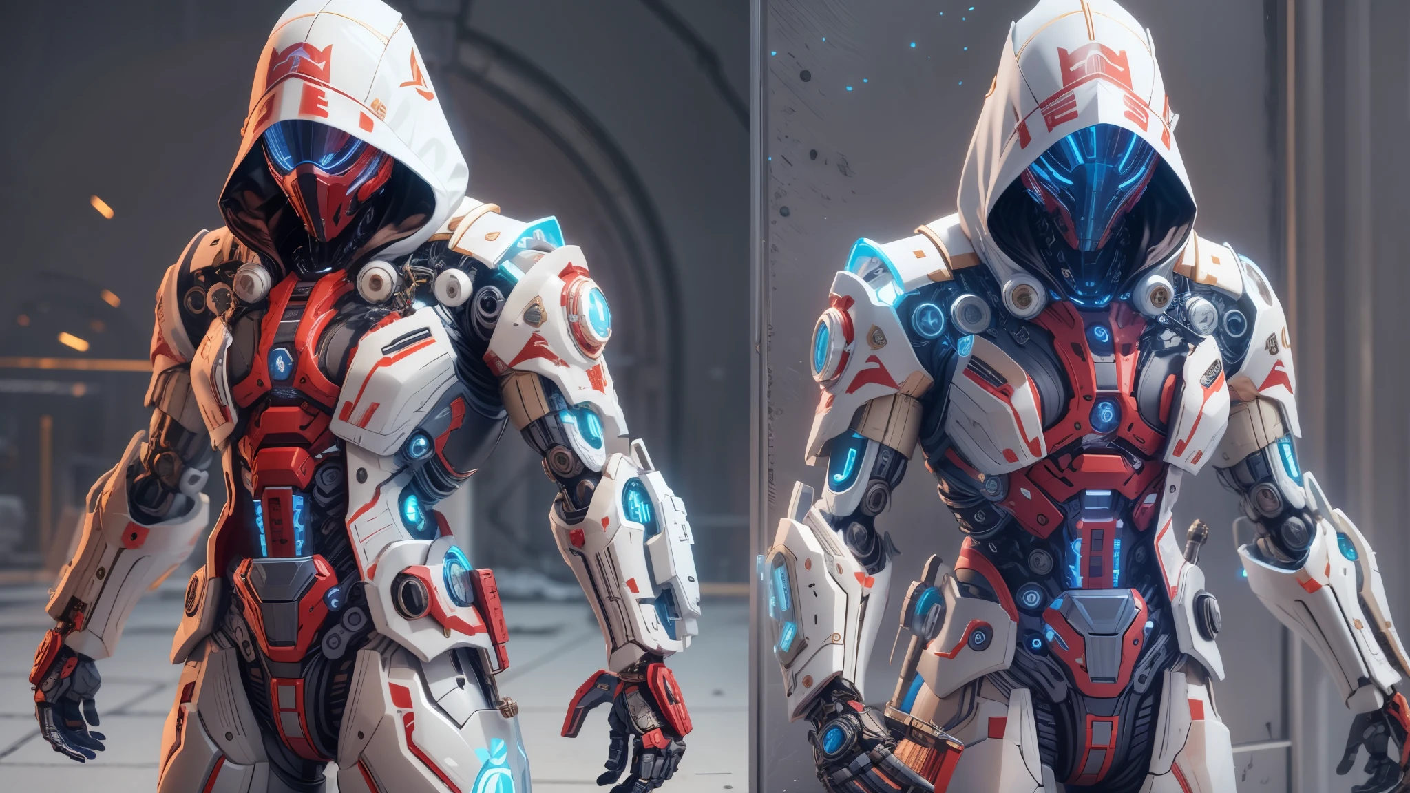 biomechanical soldier，futuristic warrior，cybernetic cyborg，Mechanical prosthetics，Futurism者，lighted hooded jacket，Unreal Engine style rendering，ritual mask，silver and blue，Mechanical Design，close up，cobra，AI，machine，Metal，electric wire，technology，Futurism，Highly detailed，extremely detailed，stand，full body shot，center，3D rendering，art station，octane rendering，8k，,