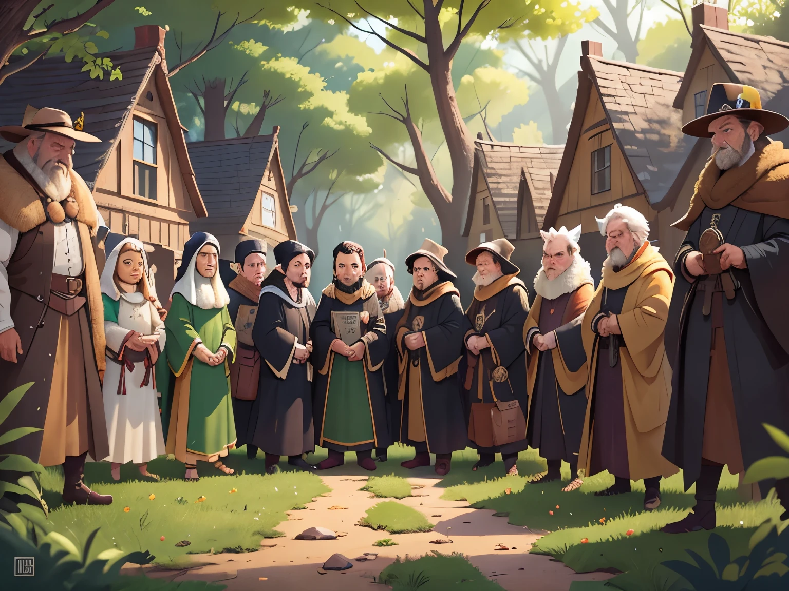 [[[Ultra detailed, best quality, beautiful, 4K, detailed faces, medieval story]]], serious, a group of tall men in black robes, serious and majestic mysterious people, standing in front of a wooden house, colorful Colorful children's book illustrations