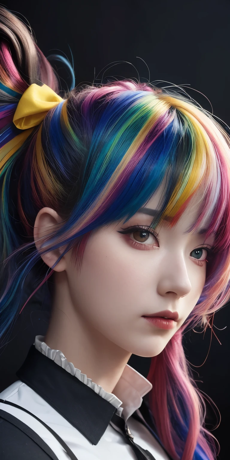 multicolored hair, hair ribbon, Surrealism, cinematic lighting, close-up, UHD, high details, masterpiece  