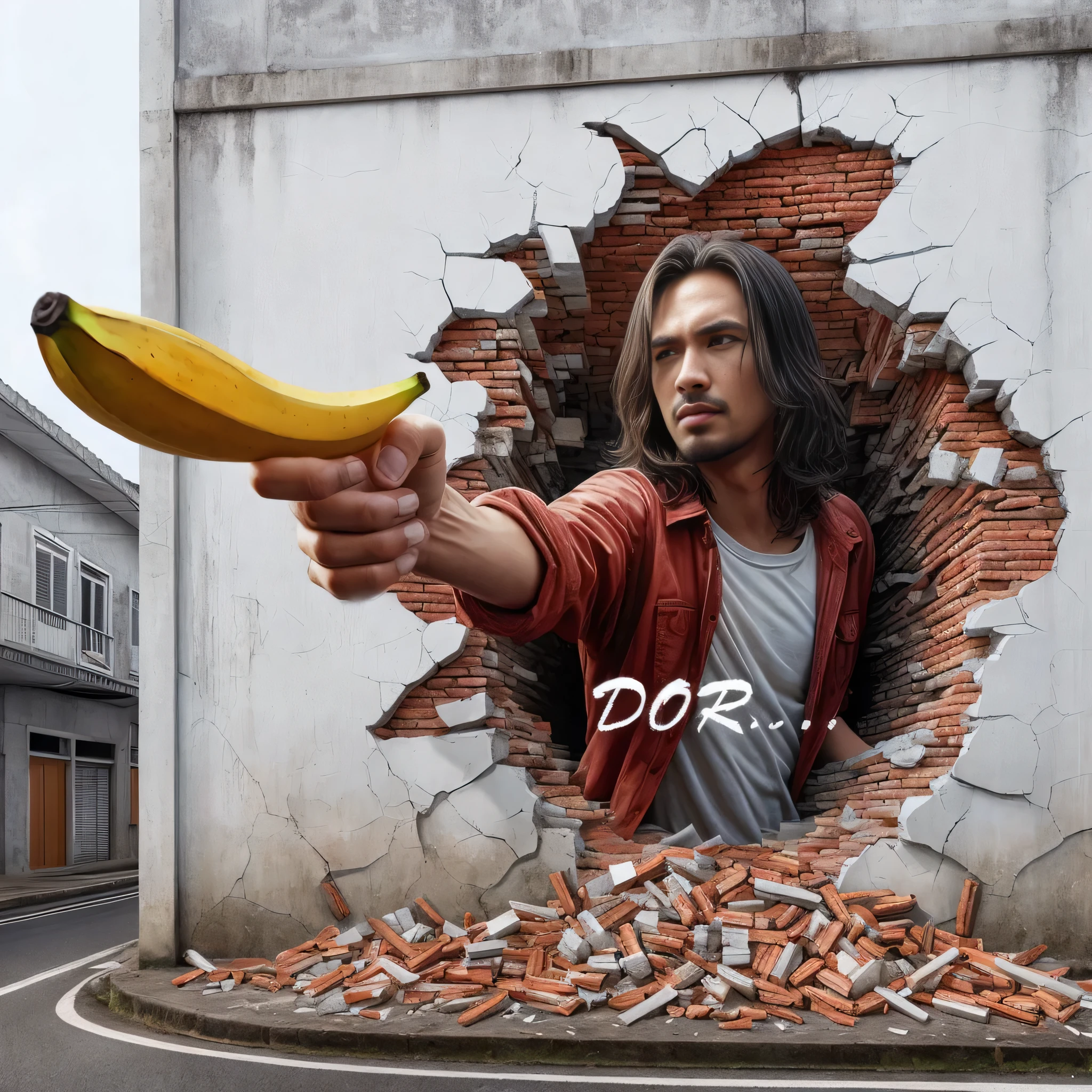 there is a man holding a banana in front of a wall, photo manipulation, creative photo manipulation, 3 d art, 3d art, hyper realistic 3d, inspired by Rudy Siswanto, photorealistic 3d art, photo - manipulation, 3 d artwork, hyperrealistic 3 d digital art, hyperrealistic 3d digital art, photorealistic 3d artwork