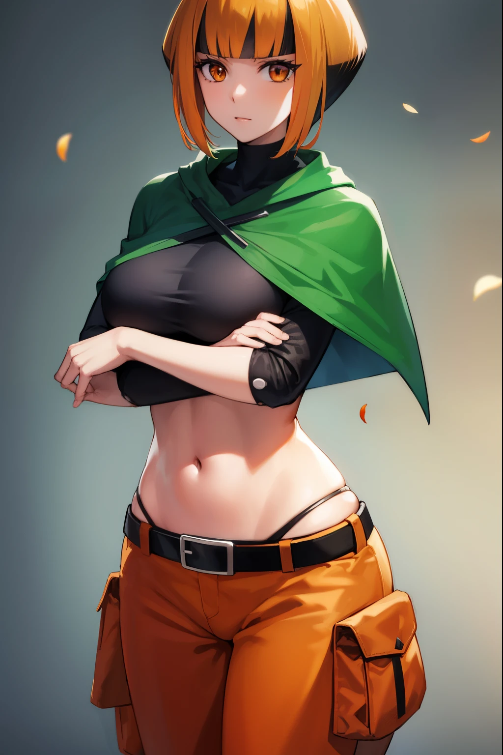 pokemongardenia, pokemongardenia, black hair, bob cut, multicolored hair, (orange eyes:1.5), orange hair, petals, short hair, two-tone hair,
BREAK belt, belt buckle, buckle, capelet, cargo shorts, midriff, navel, shorts, undershirt, long sleeves, green capelet, black undershirt,
BREAK looking at viewer, full body, (cowboy shot:1.5),
BREAK indoors,
BREAK (masterpiece:1.2), best quality, high resolution, unity 8k wallpaper, (illustration:0.8), (beautiful detailed eyes:1.6), extremely detailed face, perfect lighting, extremely detailed CG, (perfect hands, perfect anatomy),