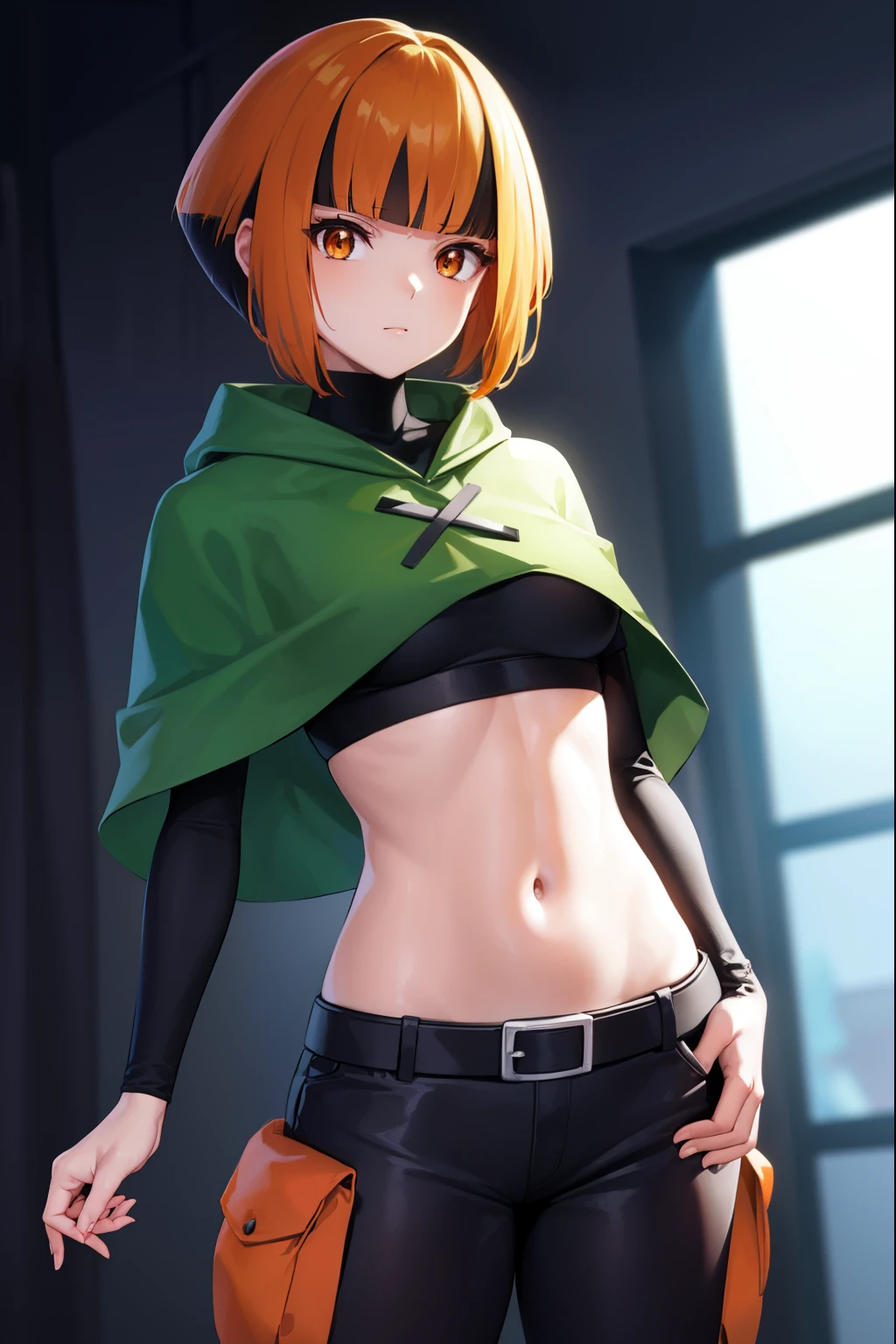 pokemongardenia, pokemongardenia, black hair, bob cut, multicolored hair, (orange eyes:1.5), orange hair, petals, short hair, two-tone hair,
BREAK belt, belt buckle, buckle, capelet, cargo shorts, midriff, navel, shorts, undershirt, long sleeves, green capelet, black undershirt,
BREAK looking at viewer, full body, (cowboy shot:1.5),
BREAK indoors,
BREAK (masterpiece:1.2), best quality, high resolution, unity 8k wallpaper, (illustration:0.8), (beautiful detailed eyes:1.6), extremely detailed face, perfect lighting, extremely detailed CG, (perfect hands, perfect anatomy),