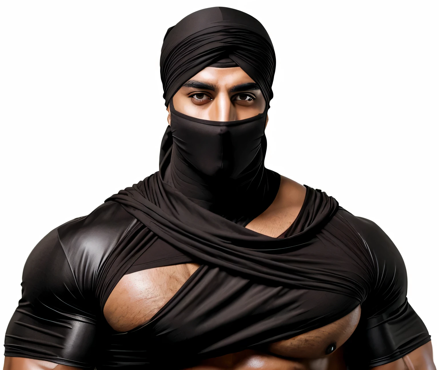 A beefy muscular arab guy , face black bandages turban , face black bandages mask , anger arabian eyes , long eyelashes , brown arabian eyes , detailed , realistic , detailed eyes , realistic eyes , big chest , hot beefy chest , big nipples , hot nipples , oiled chest 