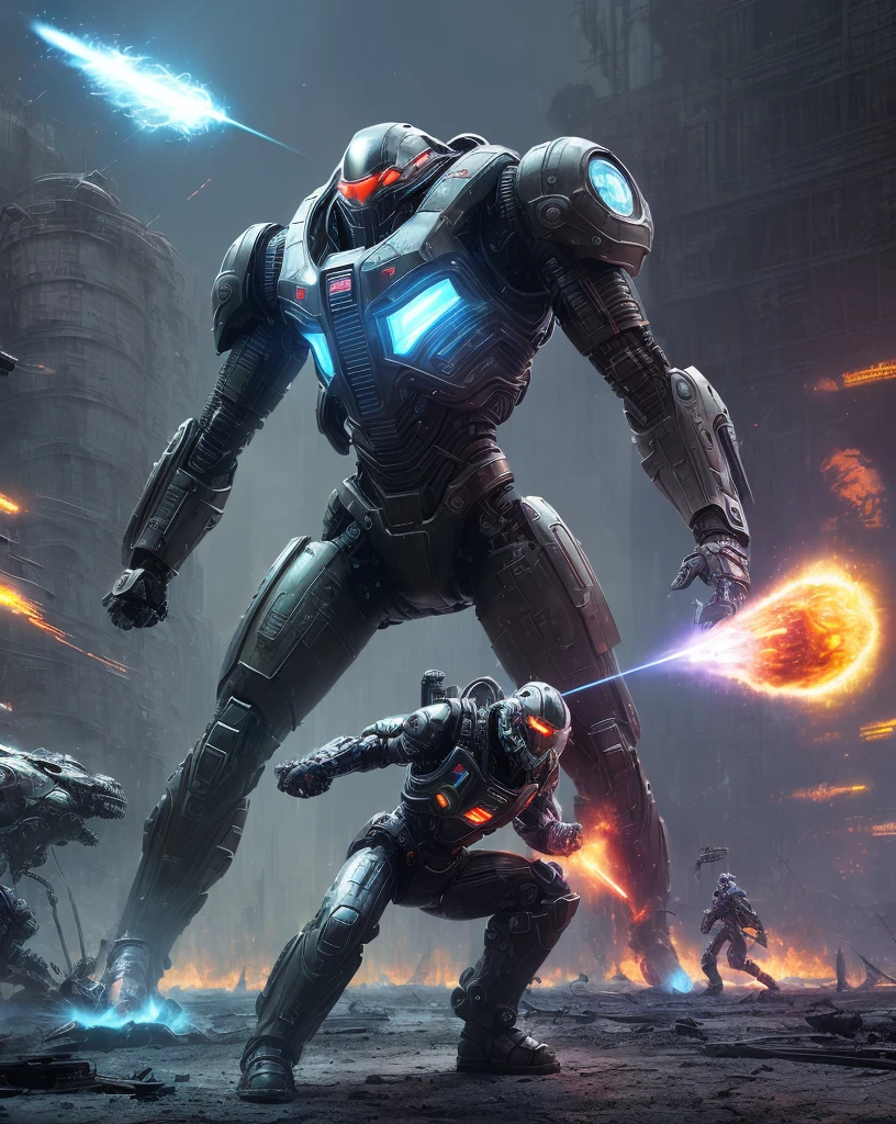(best quality,4k,8k,highres,masterpiece:1.2),ultra-detailed,(realistic,photorealistic,photo-realistic:1.37),Mechanical Warrior,sci-fi,concept art,metallic armor,advanced weaponry,glowing eyes,visually stunning,explosions,dystopian future,industrial landscape,intense battle,high-tech gadgets,mechanized limbs,robotic exoskeleton,adrenaline rush,monstrous strength,flexible movements,dangerous environment,heroic pose,epic showdown,insertion/infantry unit,fight against alien force,hydraulic sounds,white-hot energy projectiles,dark shadows,emerging smoke,electromagnetic pulse,neon lights,high contrast colors,post-apocalyptic destruction,destructive firepower