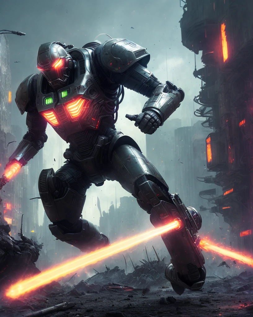 (best quality,4k,8k,highres,masterpiece:1.2),ultra-detailed,(realistic,photorealistic,photo-realistic:1.37),Mechanical Warrior,sci-fi,concept art,metallic armor,advanced weaponry,glowing eyes,visually stunning,explosions,dystopian future,industrial landscape,intense battle,high-tech gadgets,mechanized limbs,robotic exoskeleton,adrenaline rush,monstrous strength,flexible movements,dangerous environment,heroic pose,epic showdown,insertion/infantry unit,fight against alien force,hydraulic sounds,white-hot energy projectiles,dark shadows,emerging smoke,electromagnetic pulse,neon lights,high contrast colors,post-apocalyptic destruction,destructive firepower