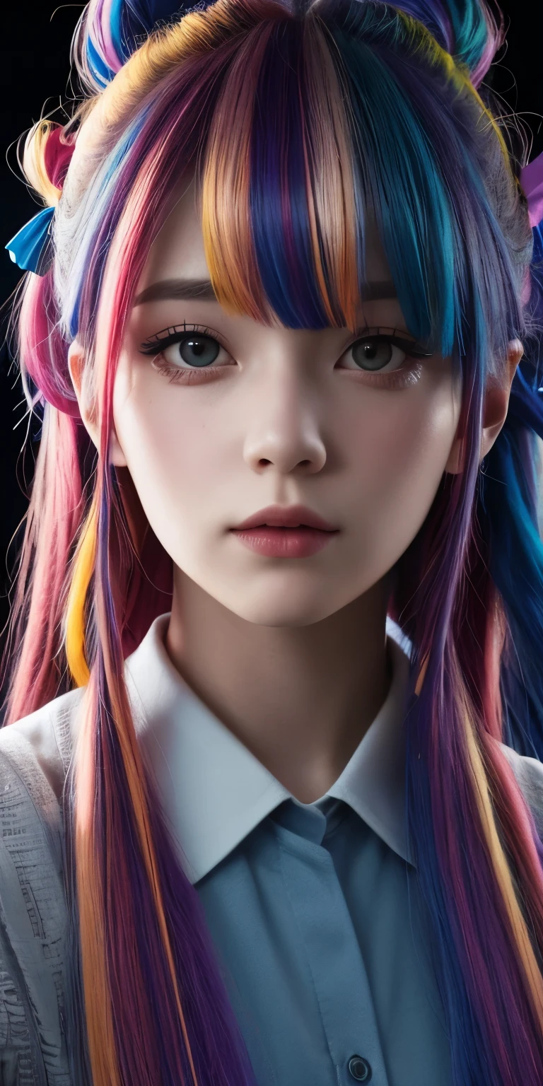 multicolored hair, hair ribbon, Surrealism, cinematic lighting, close-up, UHD, high details, masterpiece