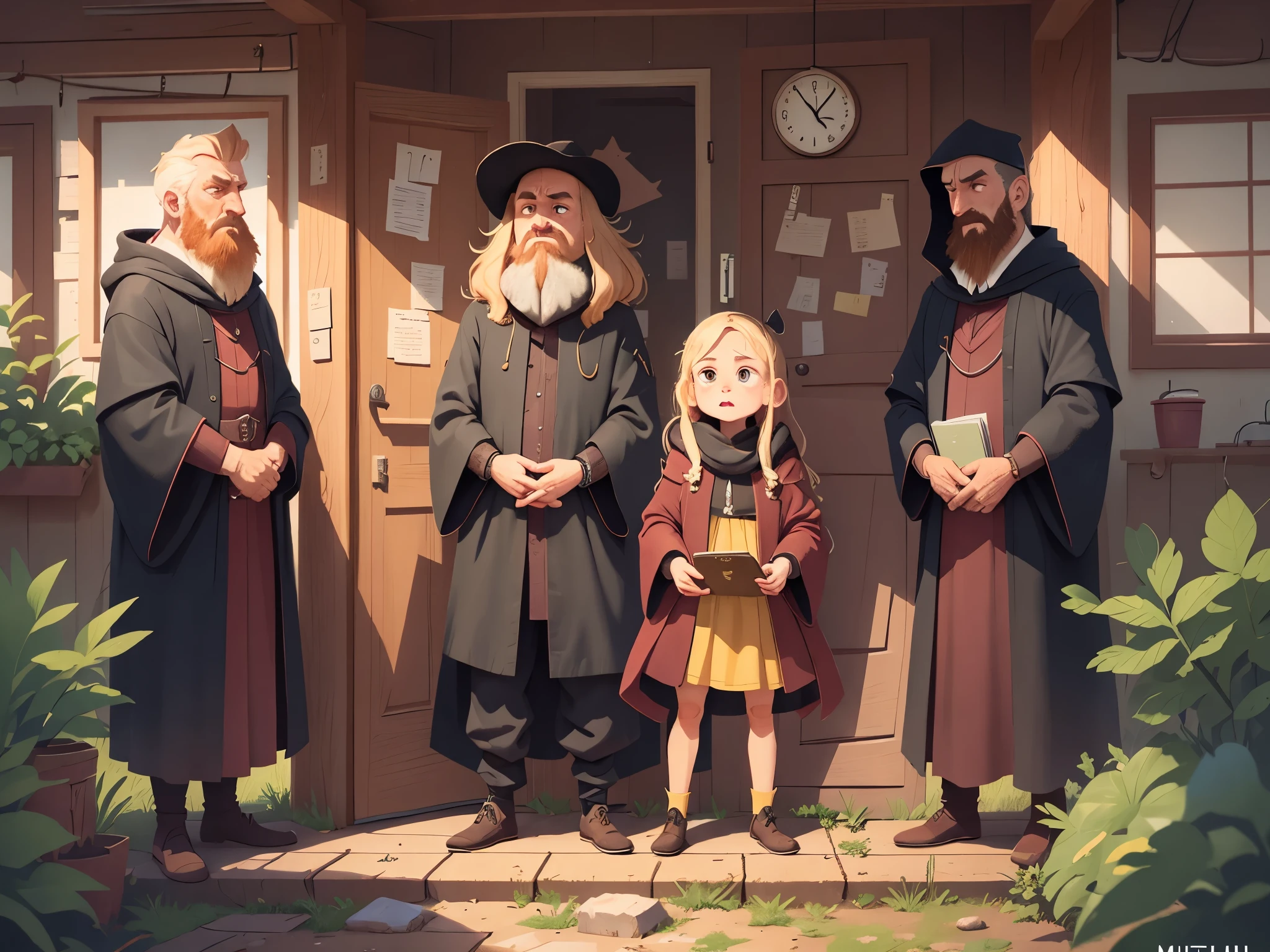 [[[Ultra detailed, best quality, beautiful, 4K, detailed faces, medieval story]]], serious, a group of tall men in black robes with serious expressions, blond hair, dignified mysterious people, standing in a wooden house Front, colorful children's book illustrations