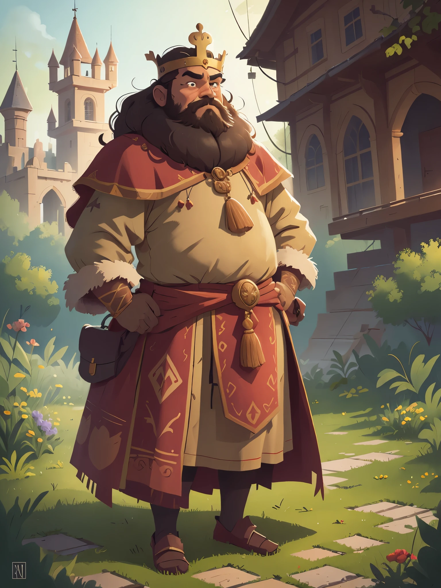 (Back Shadow:1.5),(A king wearing a crown stood in front of the palace, with short brown hair, a beard, a fat king, and a full body:1.5),High definition, detailed, ultra detailed,Medieval Europe, medieval clothing, watercolor, medieval style,