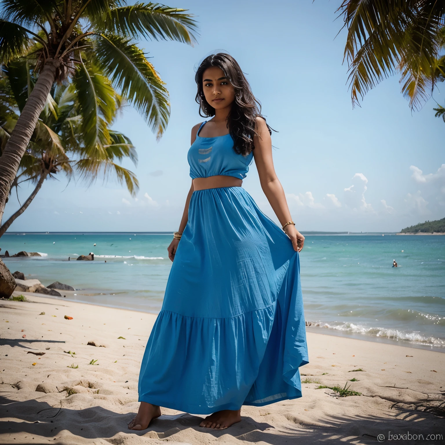 Indian girl with full body covered dress in beach party , long skirt , blue clothes
