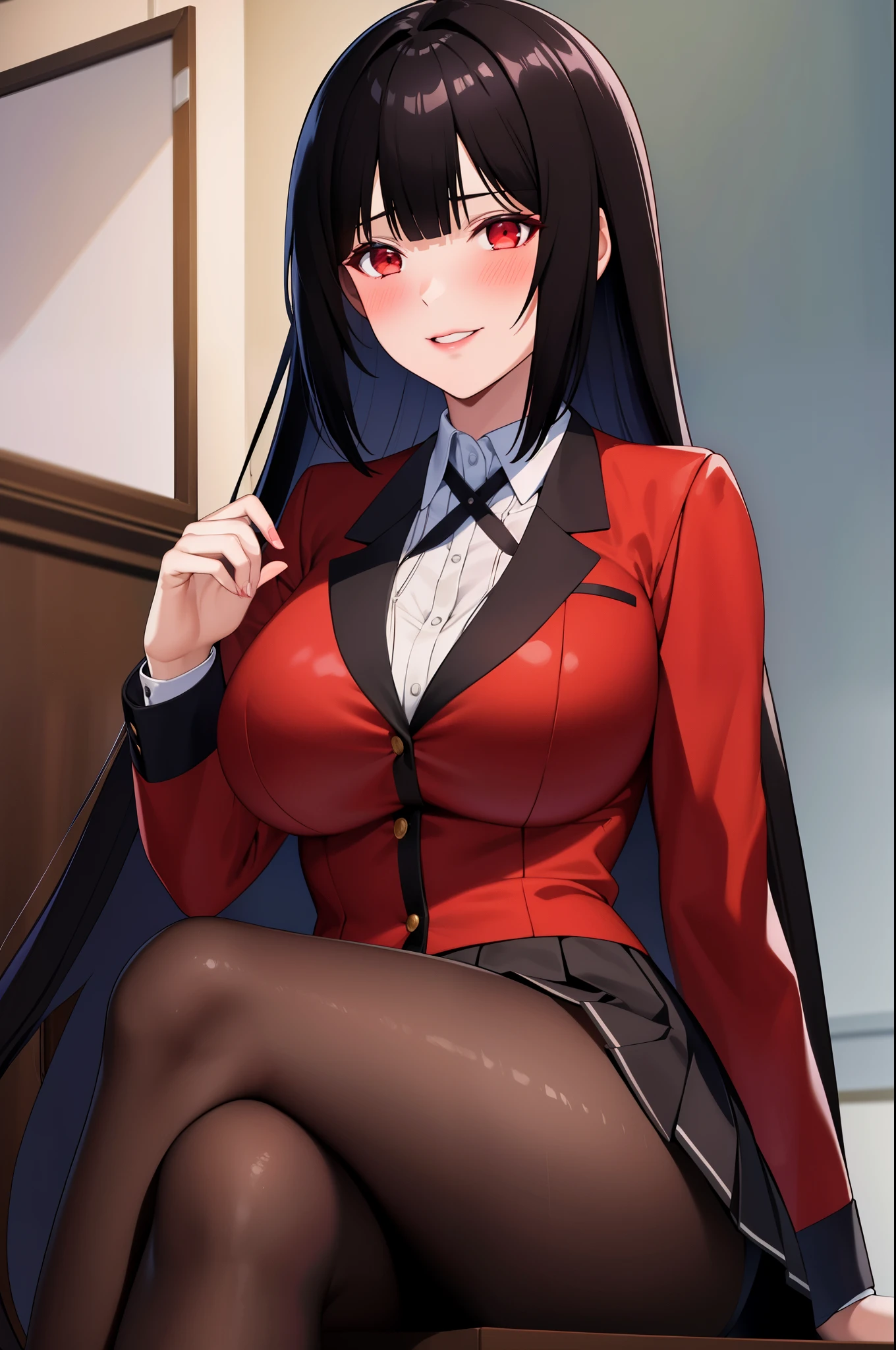 masterpiece, best quality, highres, hmjy1, long hair, blunt bangs, school uniform, red jacket, black pantyhose, white shirt, black ribbon, pleated skirt, long sleeves, cowboy shot, glowing eyes, blush, evil smile, sitting, classroom, dark background, crossed legs,