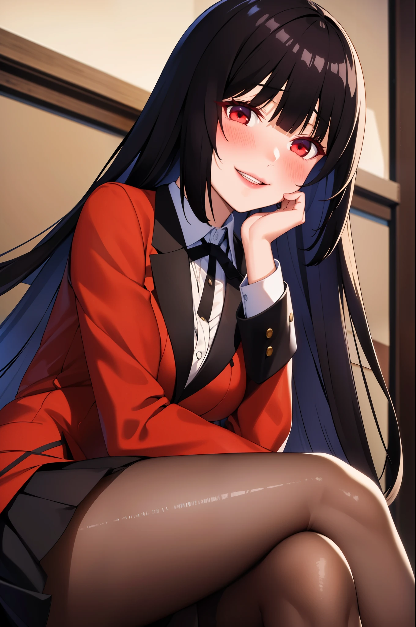 masterpiece, best quality, highres, hmjy1, long hair, blunt bangs, school uniform, red jacket, black pantyhose, white shirt, black ribbon, pleated skirt, long sleeves, cowboy shot, glowing eyes, blush, evil smile, sitting, classroom, dark background, crossed legs,