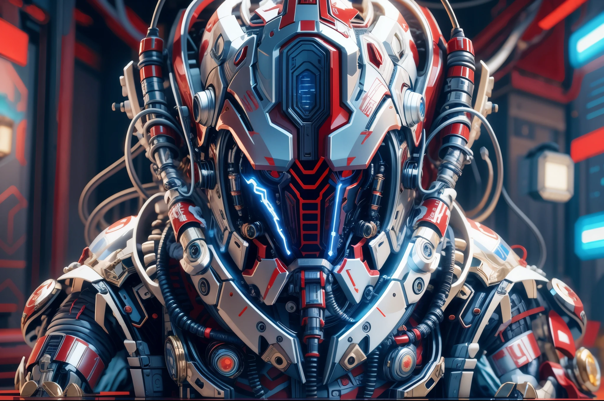 biomechanical soldier，futuristic warrior，cybernetic cyborg，Mechanical prosthetics，Futurism者，lighted hooded jacket，Unreal Engine style rendering，ritual mask，silver and blue，Mechanical Design，close up，cobra，AI，machine，Metal，electric wire，technology，Futurism，Highly detailed，extremely detailed，stand，full body shot，center，3D rendering，art station，octane rendering，8k，,