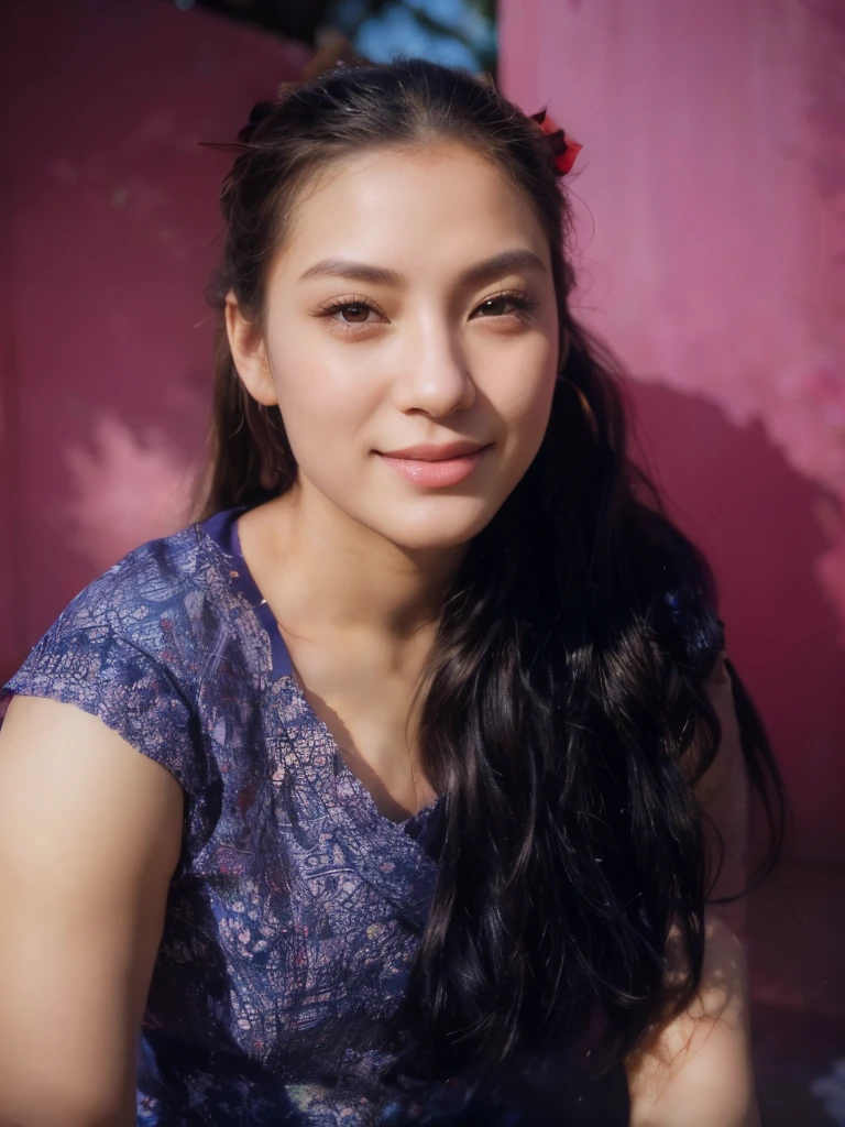 (best quality,high-resolution,masterpiece:1.2),ultra-detailed,(realistic,photorealistic:1.37),cultural illustration,traditional Japanese,beautiful detailed eyes,beautiful detailed lips,extremely detailed eyes and face,long eyelashes,radiant,soft expression,serene smile,red hakama skirt,crimson ribbon,crimson earrings,golden hairpin,decorative hair accessory,gently sitting on a wooden bench,peaceful and tranquil shrine,sakura blossom in full bloom,charming smile under the cherry blossoms,sun rays filtering through the trees,calm and serene atmosphere,peaceful ambiance,enjoying the tranquility,inner peace,classical style,colorful and vivid,subtle tones,gentle lighting,soft shadows,dreamy and ethereal,feeling of harmony and serenity