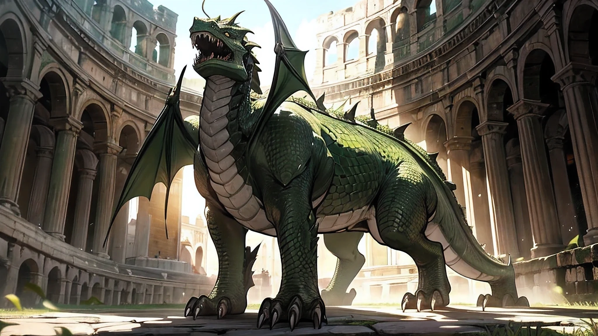 green dragon, in center colloseum, medieval times, gladiator, Its slimy, green scales were flickering in the sunlight. It was a large dragon.