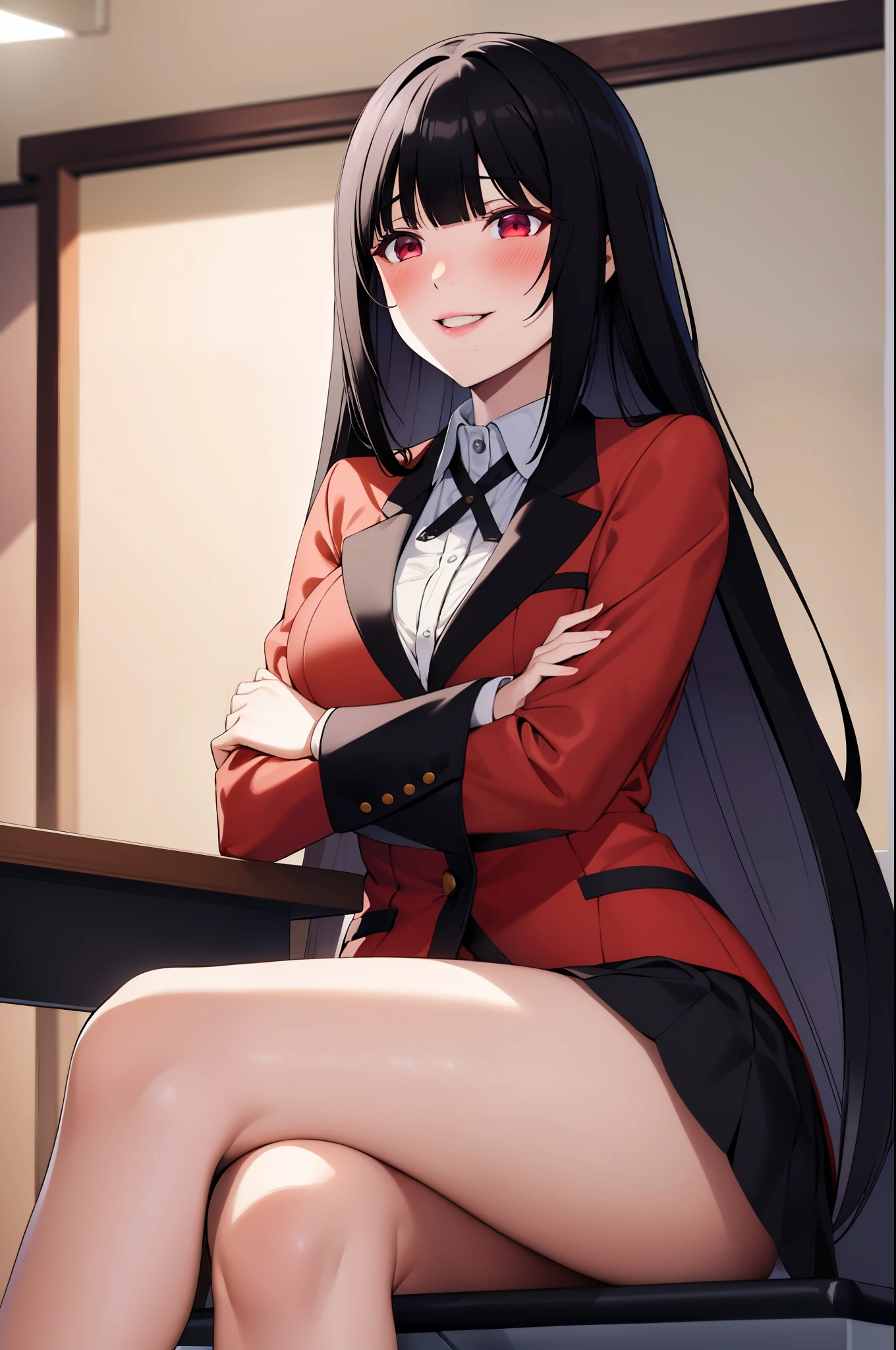 masterpiece, best quality, highres, hmjy1, long hair, blunt bangs, school uniform, red jacket, black pantyhose, white shirt, black ribbon, pleated skirt, long sleeves, cowboy shot, glowing eyes, blush, evil smile, sitting, classroom, dark background, crossed legs,