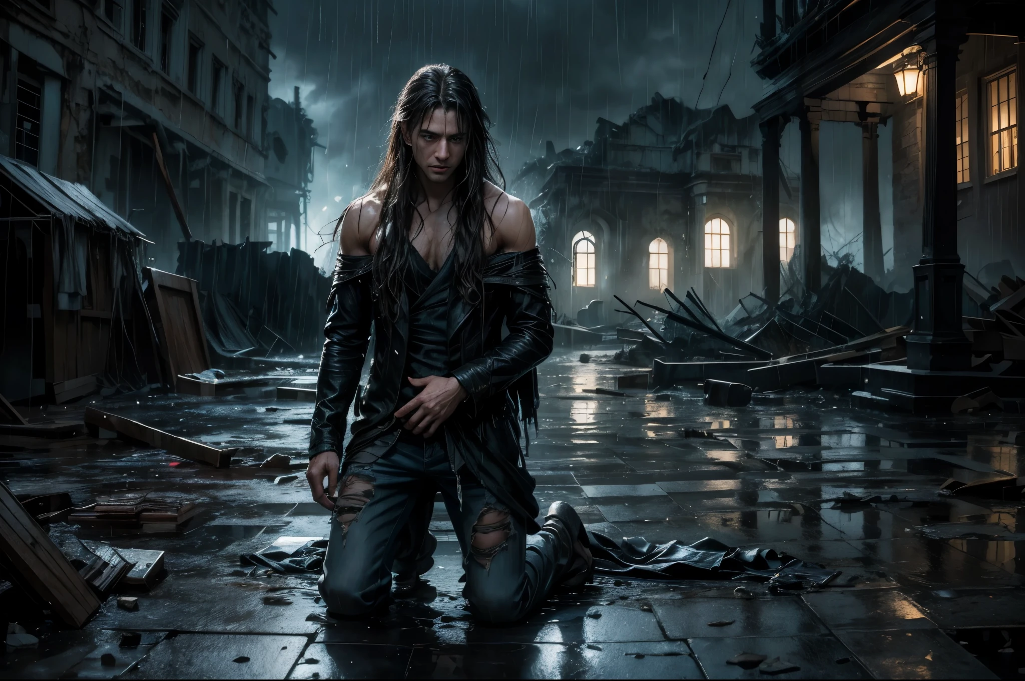 Handsome Long Haired Young Man, looking at the ruins of a house, Dim, Darkness, Rain, Lightning, Despair, Tears, Teardrops, Torn Clothes, Wet Clothes. Kneeling on the Ground, Biting Lower Lip, Bare Shoulders, Real Rain, Wet Hair. Ruins and construction debris as background. Realistic Ray traicing.