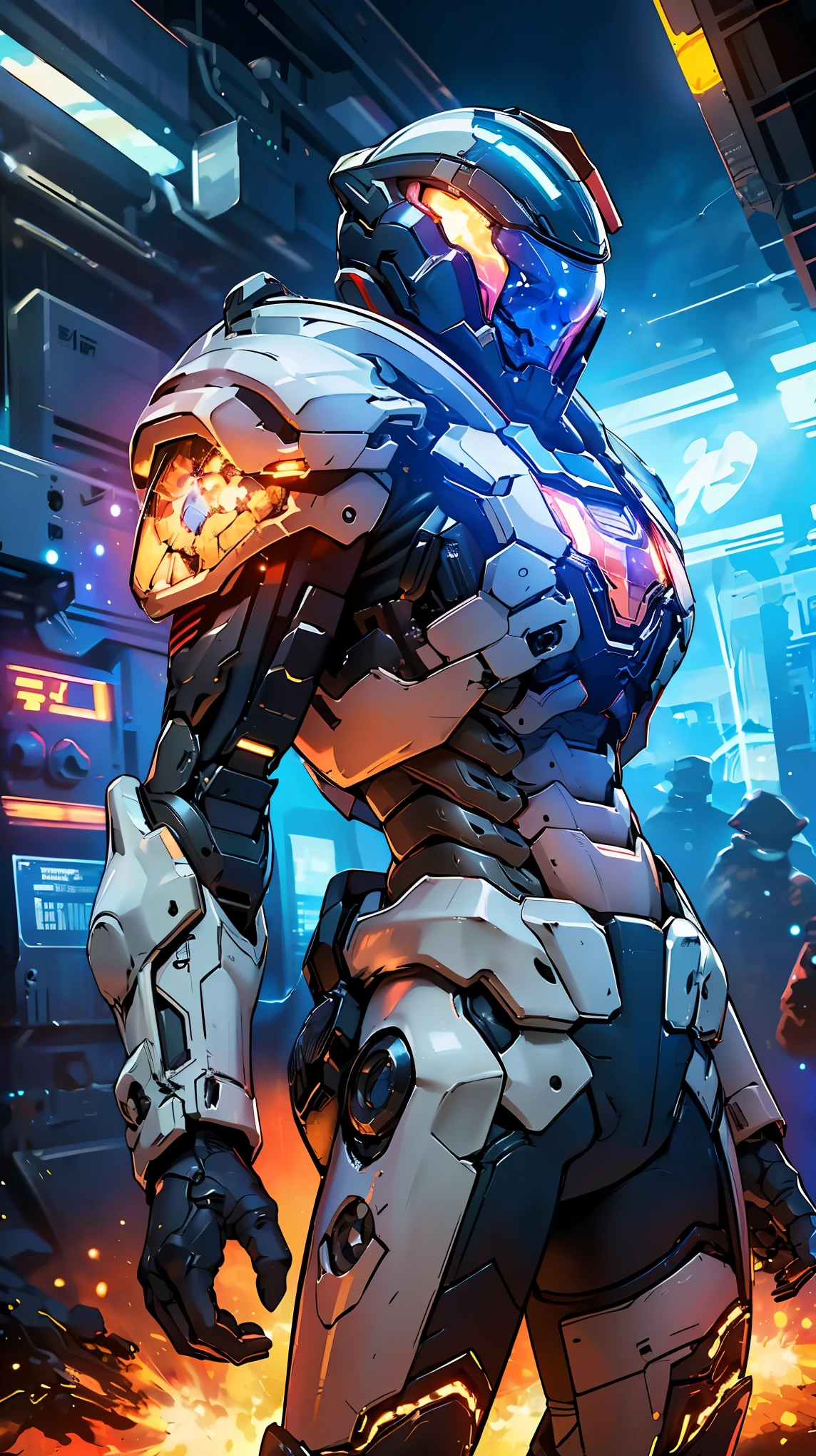 (8K, RAW photo, 最high quality, masterpiece:1.2), High-definition RAW color photo, Professional photo shoot, cinematic light, detailed robot in outer space, mecha suit, advanced technology, Metallic body, hall々and presence, glowing red eyes, elaborate design, Smooth and streamlined body, Attitude control in zero gravity, heavy weapon equipment, vast background of stars and galaxies, (((interstellar battle scene, Dynamic and lively composition, Colorful nebulae, cosmic ray particles, explosion and energy blast))), background bokeh, high quality, surreal, bright colors, ((very detailed, photo shoot)),