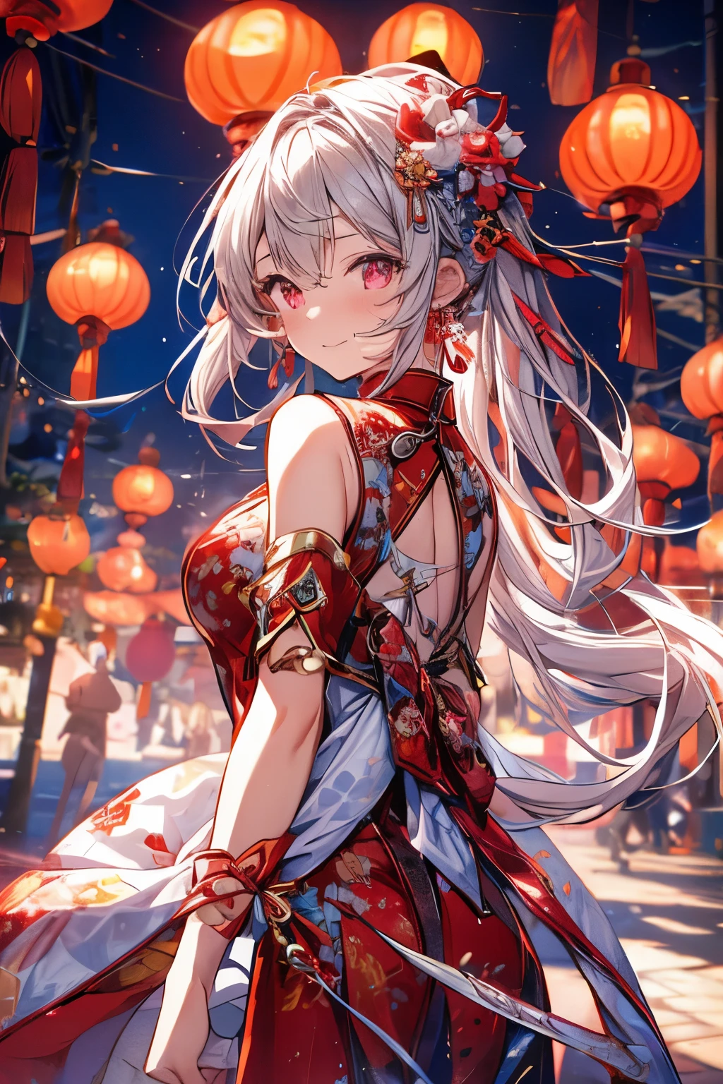 (masterpiece, best quality:1.2),1girl, sheryl nome, smile, chinese dress, cheongsam, china town, red glowing lanterns, festivals, looking back, red white contrast dress, laces in between, happy expression, high quality, detailed shot, high res