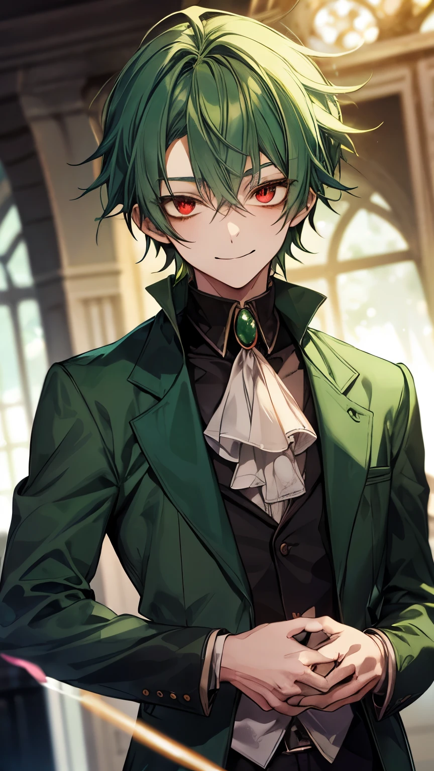 Green hair and eyes, boy, teenager, red eyes, deceiving smile, mysterious, fantasy, magic academy