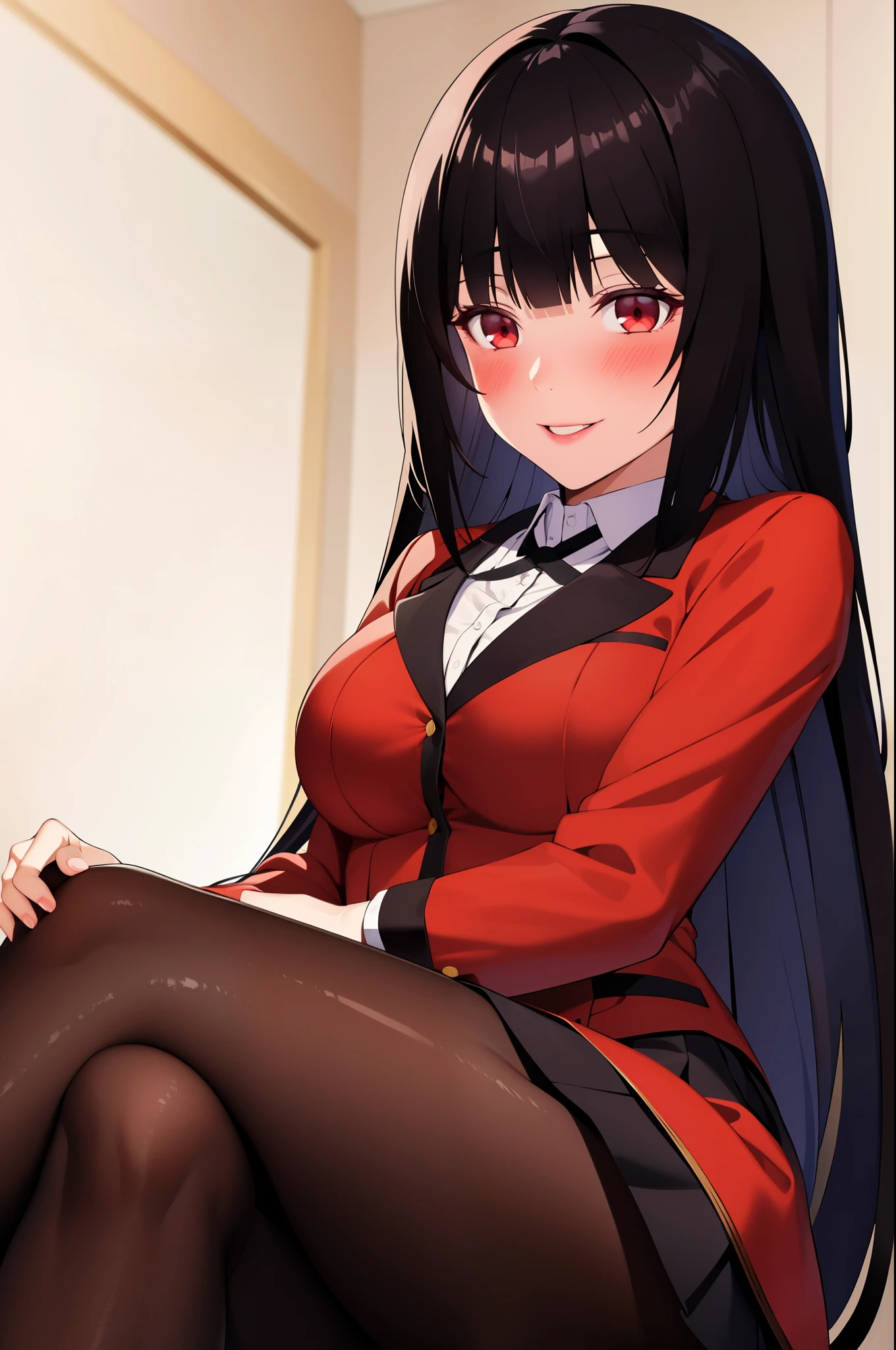 masterpiece, best quality, highres, hmjy1, long hair, blunt bangs, school uniform, red jacket, black pantyhose, white shirt, black ribbon, pleated skirt, long sleeves, cowboy shot, glowing eyes, blush, evil smile, sitting, classroom, dark background, crossed legs,