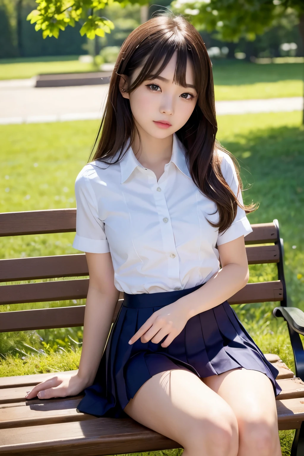 highest quality、masterpiece、park bench、(Photoreal:1.4)、((beautiful girl:1.6)), (Girl with small breasts)、************、(small breasts:1.3)、(beautiful breasts)、((small breasts))、((BDSM))、high school girl uniform、Oxford Shirt、pleated mini skirt、beautiful girl、asian beauty、dark brown hair、((Super realistic details))、Portrait、very intricate details、realistic light、purple eyes、shining eyes、vivid details、surreal、8K、highest quality、masterpiece、very delicate and beautiful、Full body Esbian、