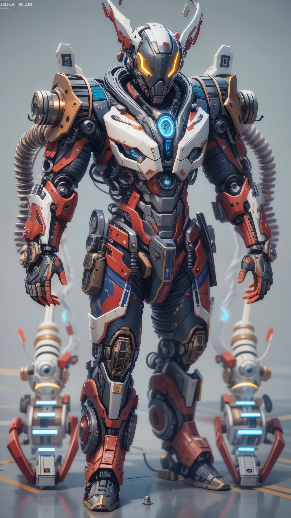 biomechanical soldier，futuristic warrior，cybernetic cyborg，Mechanical prosthetics，Futurism者，lighted hooded jacket，Unreal Engine style rendering，ritual mask，silver and blue，Mechanical Design，close up，cobra，AI，machine，Metal，electric wire，technology，Futurism，Highly detailed，extremely detailed，stand，full body shot，center，3D rendering，art station，octane rendering，8k，,