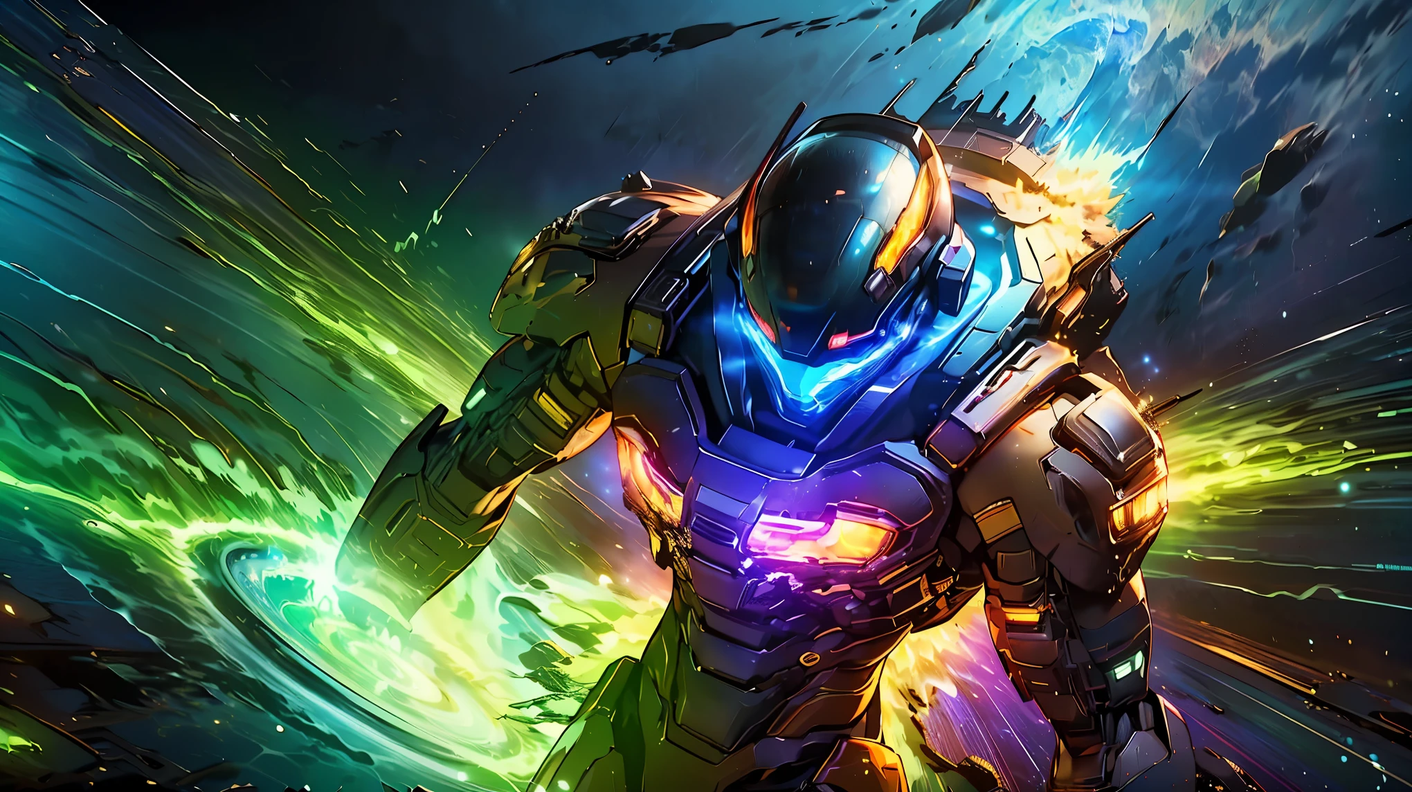 (8K, RAW photo, 最high quality, masterpiece:1.2), High-definition RAW color photo, Professional photo shoot, cinematic light, detailed robot in outer space, mecha suit, advanced technology, Metallic body, hall々and presence, glowing red eyes, elaborate design, Smooth and streamlined body, Attitude control in zero gravity, heavy weapon equipment, vast background of stars and galaxies, (((interstellar battle scene, Dynamic and lively composition, Colorful nebulae, cosmic ray particles, explosion and energy blast))), background bokeh, high quality, surreal, bright colors, ((very detailed, photo shoot)),