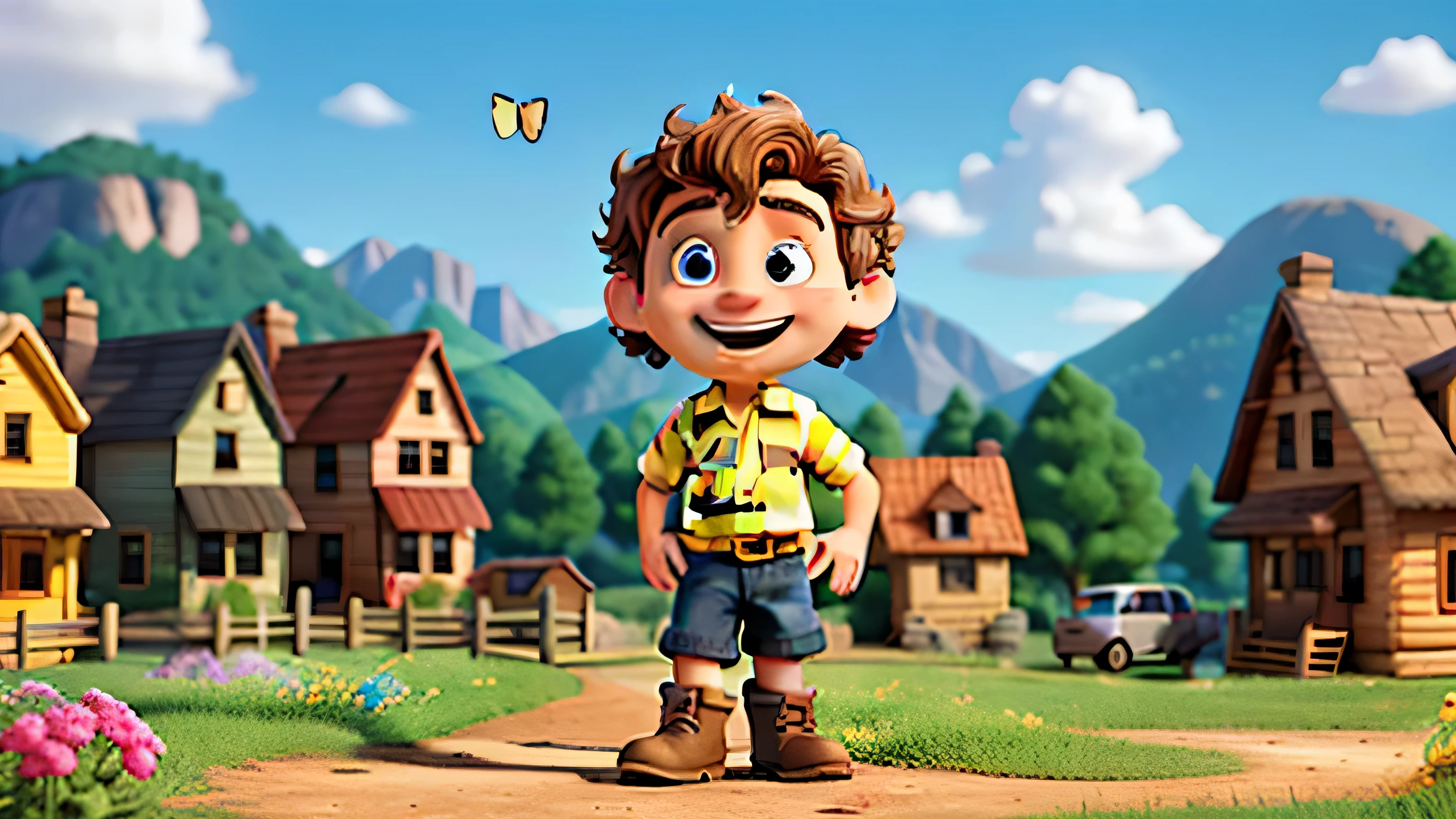 Once upon a time, in a quaint little village nestled between rolling hills and whispering forests, there lived a vibrant and colorful 8K, 3D cartoon boy named Jack. With his curly, golden hair and big, round, expressive eyes, Jack was always full of energy and joy. He wore a red and blue striped shirt, yellow shorts, and a pair of brown boots that never failed to shine with the dust of his adventures. When the sun was high, Jack could be found exploring the hills, chasing butterflies or helping his grandfather tend the garden. In the evenings, as the village square came alive with stories and laughter, Jack would gather around the fire with his friends