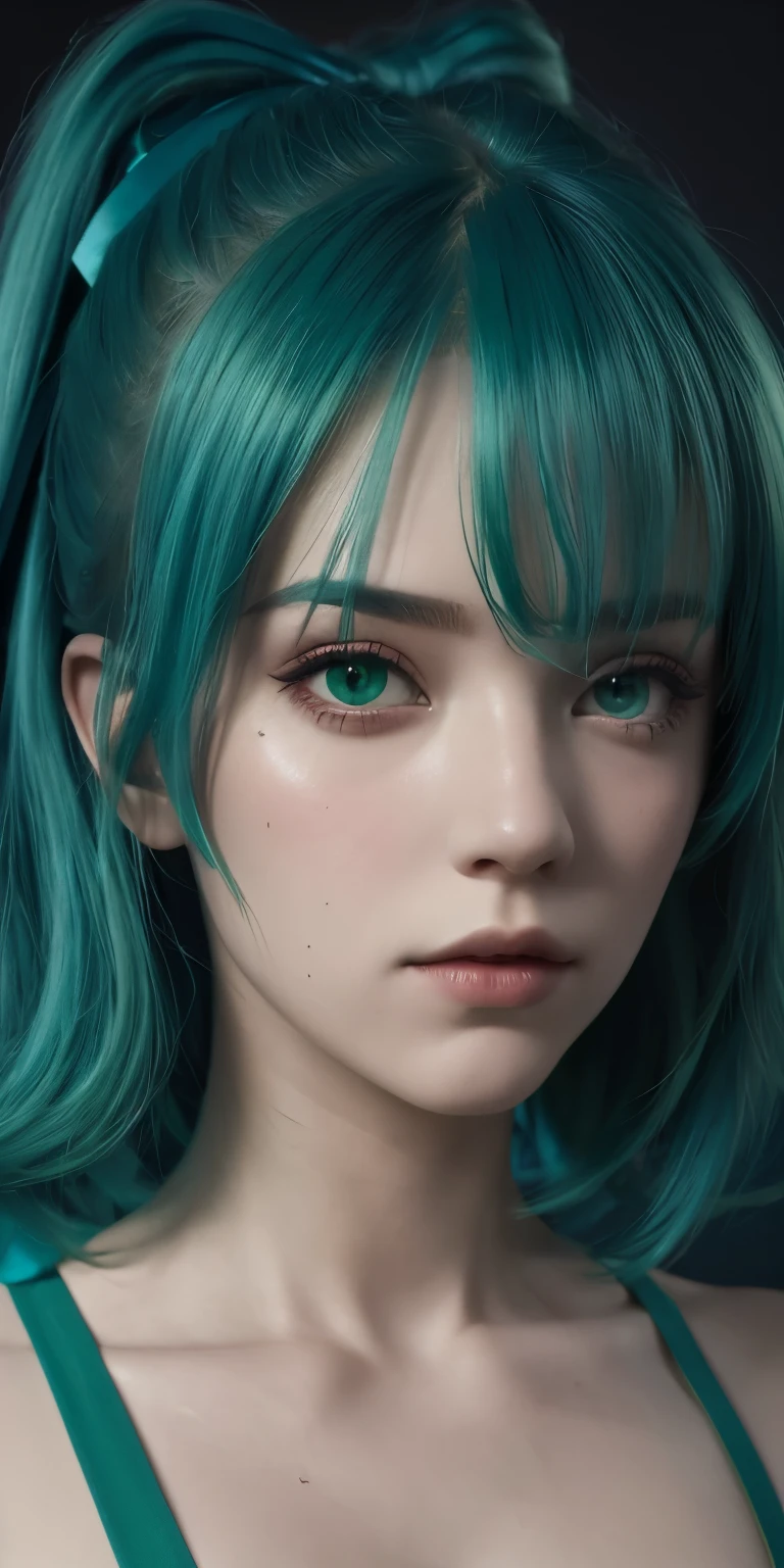 teal and green hair, hair ribbon, Surrealism, cinematic lighting, close-up, UHD, high details, masterpiece