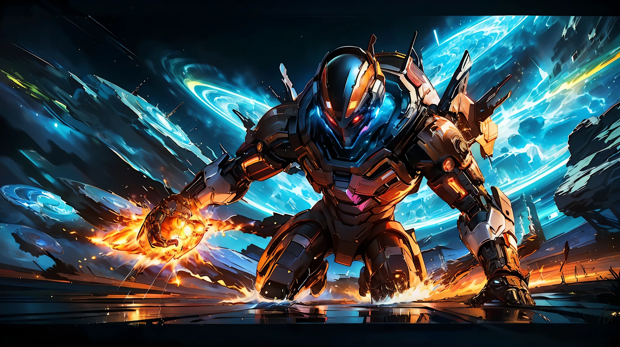 (8K, RAW photo, 最high quality, masterpiece:1.2), High-definition RAW color photo, Professional photo shoot, cinematic light, detailed robot in outer space, mecha suit, advanced technology, Metallic body, hall々and presence, glowing red eyes, elaborate design, Smooth and streamlined body, Attitude control in zero gravity, heavy weapon equipment, vast background of stars and galaxies, (((interstellar battle scene, Dynamic and lively composition, Colorful nebulae, cosmic ray particles, explosion and energy blast))), background bokeh, high quality, surreal, bright colors, ((very detailed, photo shoot)),