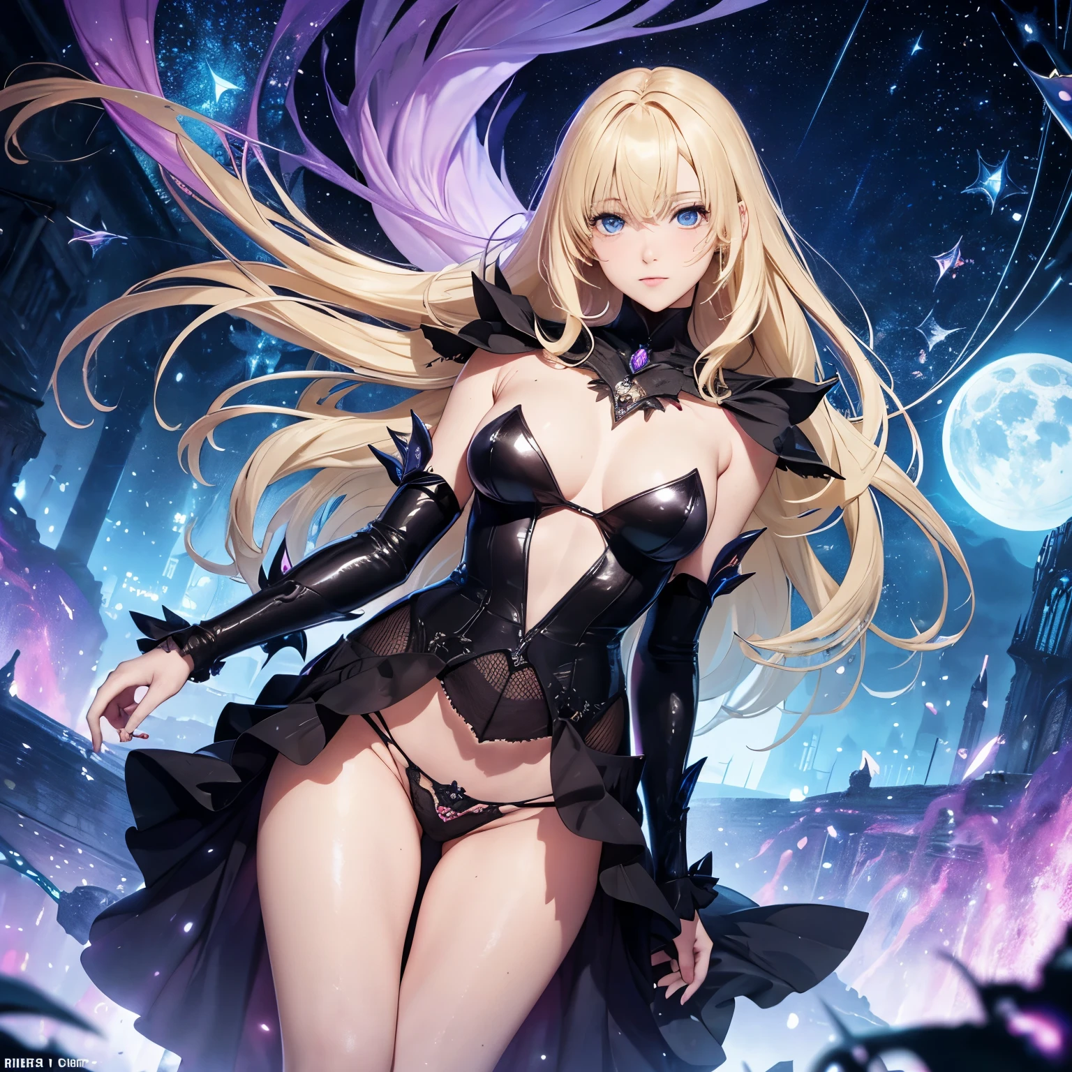 Harry Clarke, Roger Broders, Surreal, mysterious, strange, fantastical, fantasy, Sci-fi, Japanese anime, night on the game board, slow gentle light, beautiful blonde miniskirt girl Alice, perfect voluminous body, rotating moon and stars, detailed masterpiece angles Hyper realistic sharp focus tits sexy skin wet wet wet drenched glistening hip wide legs spread thrusts forward wet tiny panty embarrassing blushing wanting looking at viewer