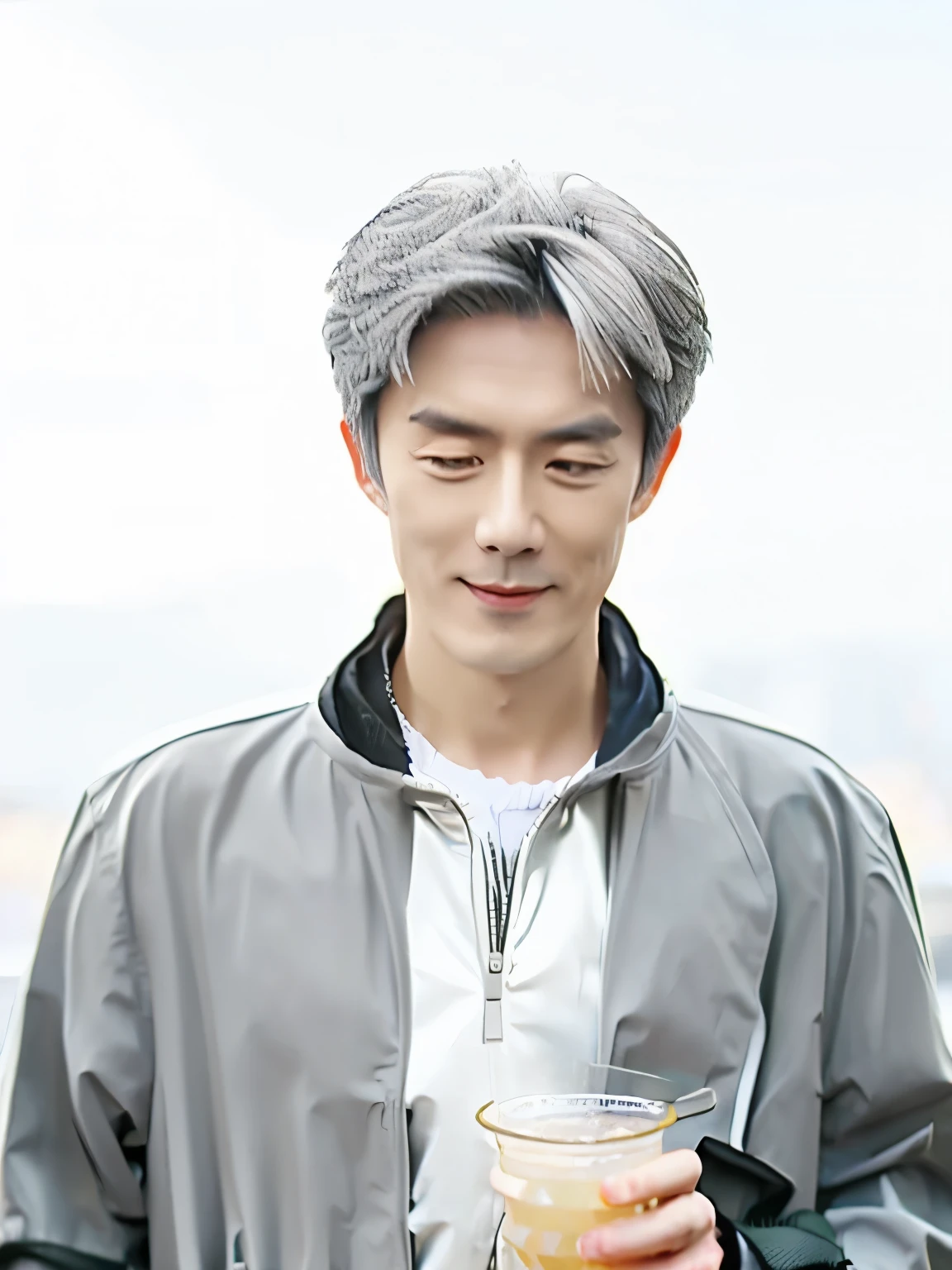 Gray haired asian handsome man, grey jacket, photography, ulzang, grip a drink