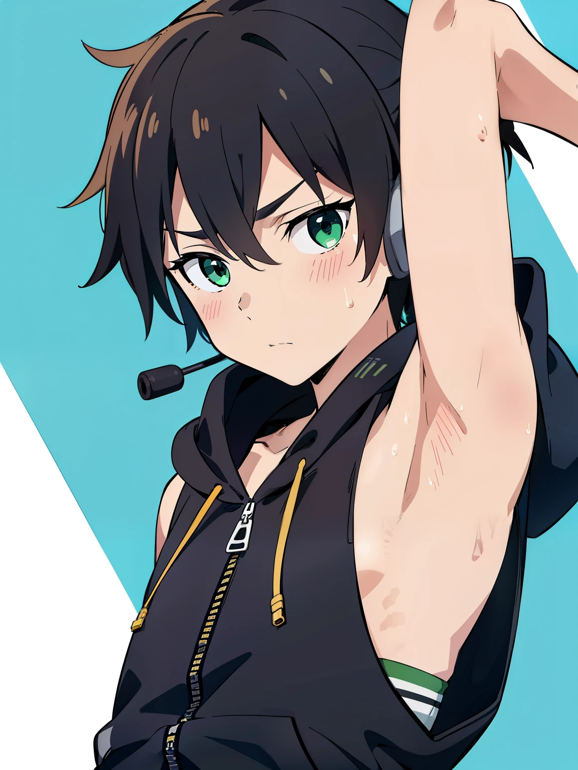 Highres, Masterpiece, Best quality at best,Best Quality,hight quality, hight detailed, 1boy, Solo, Shota, Black hoodie with green stripes, Wearing headset, The hoodie is sleeveless and has an open zipper, (very small and short stature), (very young boy), (very small and short body), -yeld bo (Showing armpit:1.3), hansome, Sweat