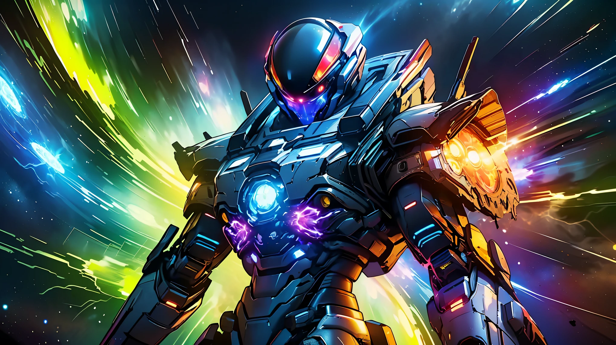 (8K, RAW photo, 最high quality, masterpiece:1.2), High-definition RAW color photo, Professional photo shoot, cinematic light, detailed robot in outer space, mecha suit, advanced technology, Metallic body, hall々and presence, glowing red eyes, elaborate design, Smooth and streamlined body, Attitude control in zero gravity, heavy weapon equipment, vast background of stars and galaxies, (((interstellar battle scene, Dynamic and lively composition, Colorful nebulae, cosmic ray particles, explosion and energy blast))), background bokeh, high quality, surreal, bright colors, ((very detailed, photo shoot)),