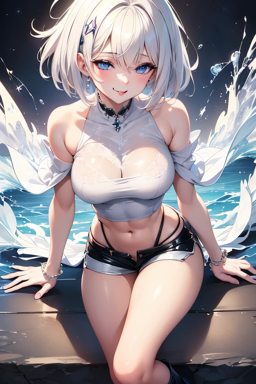 best quality, 32k, RAW photo, incredibly absurdres, extremely detailed, delicate texture, beautiful lady, (close one eye:1.1), (out your tongue:1.3), happy, shy, smile, iridescent platinum-blonde messy pixie cut hair, wearing crop top, shorts, abs, superlative body proportion, black engineer boots