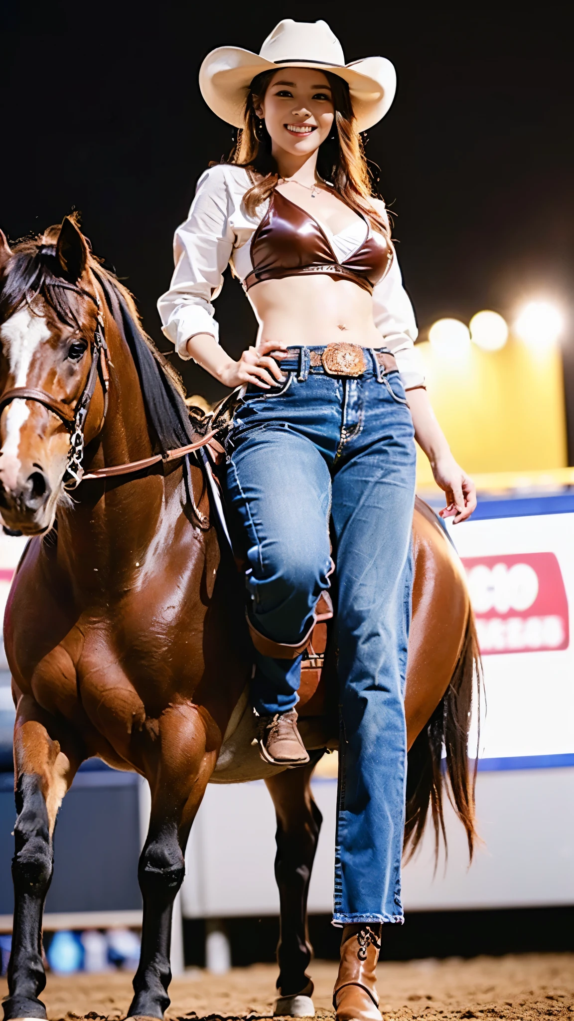 Solo milf, cowgirl at western, hot fleshy cougar, leather bikini top, leather hotpants with cowboy belt, cowboy boots, fullbody pose, revolver holster on thigh, surrounded by wildwest canyon view vibe while riding a stallion-horse with impressive huge horse cock),BREAK, (masterpiece),(best quality),(masutaa piisu),BREAK, the horse is displaying its huge horse-penis,must generate horse cock for the stallion-horse, riding on a horse, cloudy dark sky, 