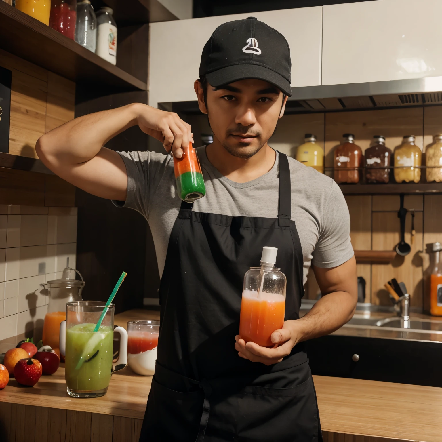 Create a round 3D logo with the words "Jujugan Jugan" and a man wearing an apron and holding a bottle containing fruit juice, realistic HDR 8k ultra resolution photography