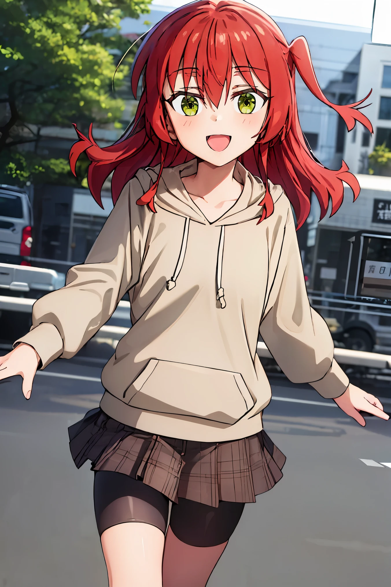 1 girl, hdr, ikuyo kita, red hair, one side up, long hair, green eyes, hoodie, pink hoodie, long sleeves, brown skirt, plaid skirt, bike shorts, standing, pov, open mouth, looking at viewers,