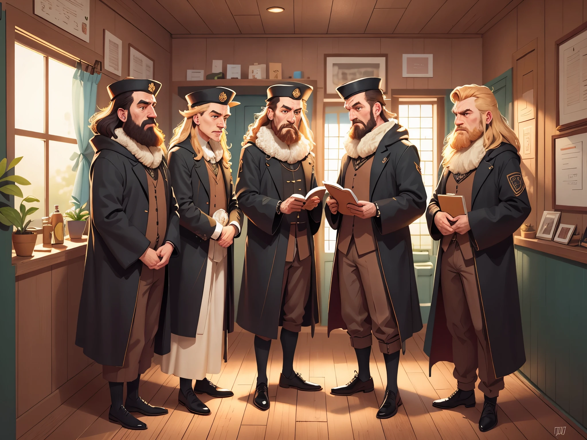 [[[Ultra detailed, best quality, beautiful, 4K, detailed faces, medieval story]]], serious, a group of tall men in black robes with serious expressions, blond hair, dignified mysterious people, standing in a wooden house Front, colorful children's book illustrations