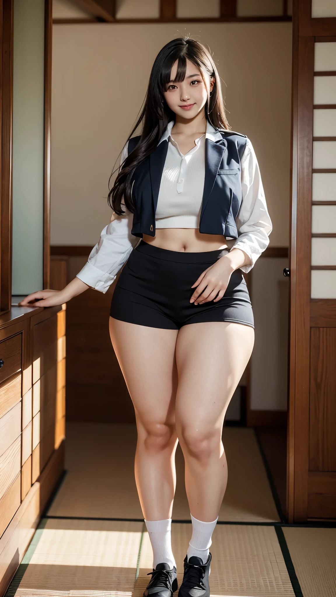 high quality,8K,high resolution,japanese woman,1 personality,tall,thick plump thighs,realistic texture,Muchimuchi,cute smile,thin waist,muscular body,whole body,black hair,(18-year-old),(high school girl),(uniform),(),